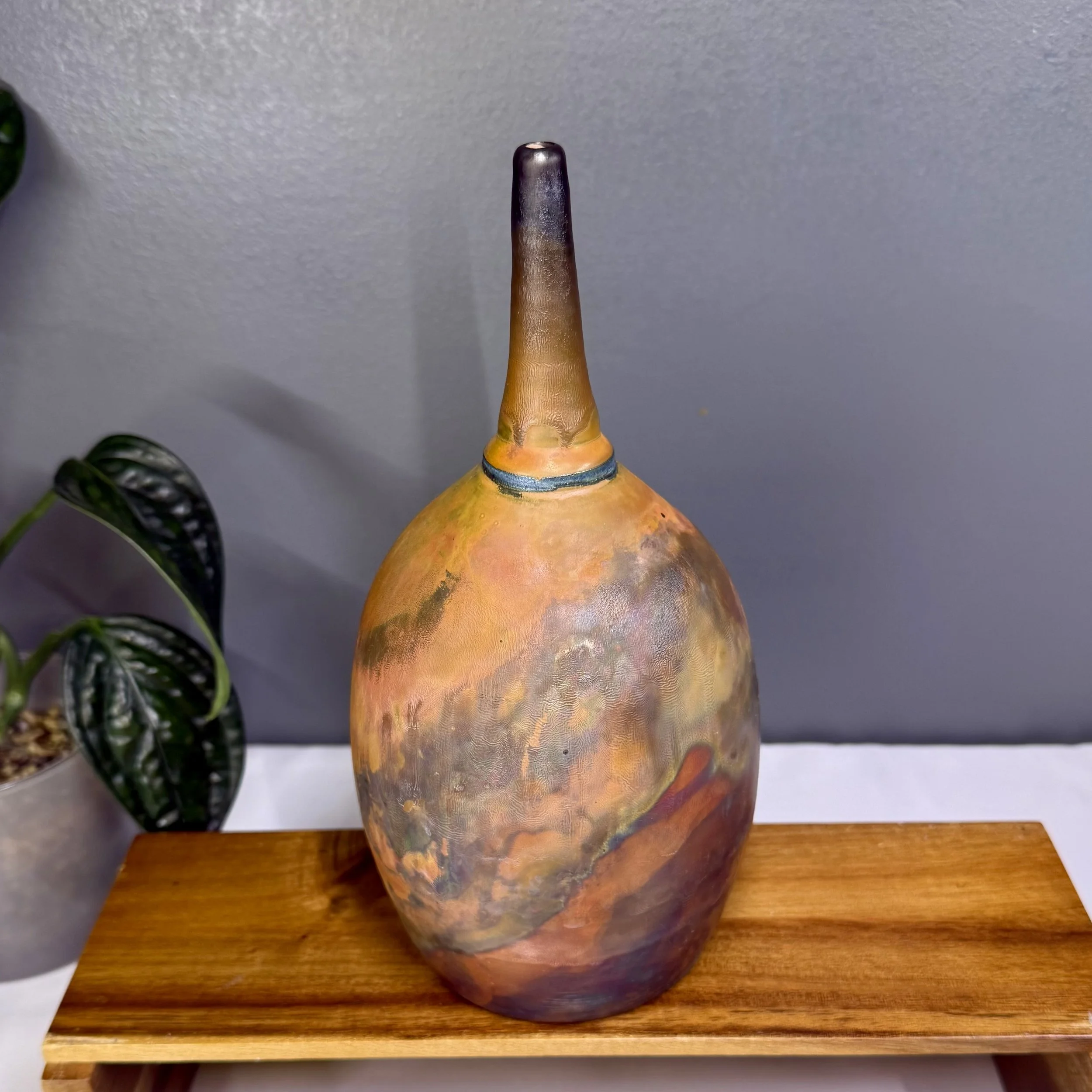 Orange Raku Bottle Vase- Lg.