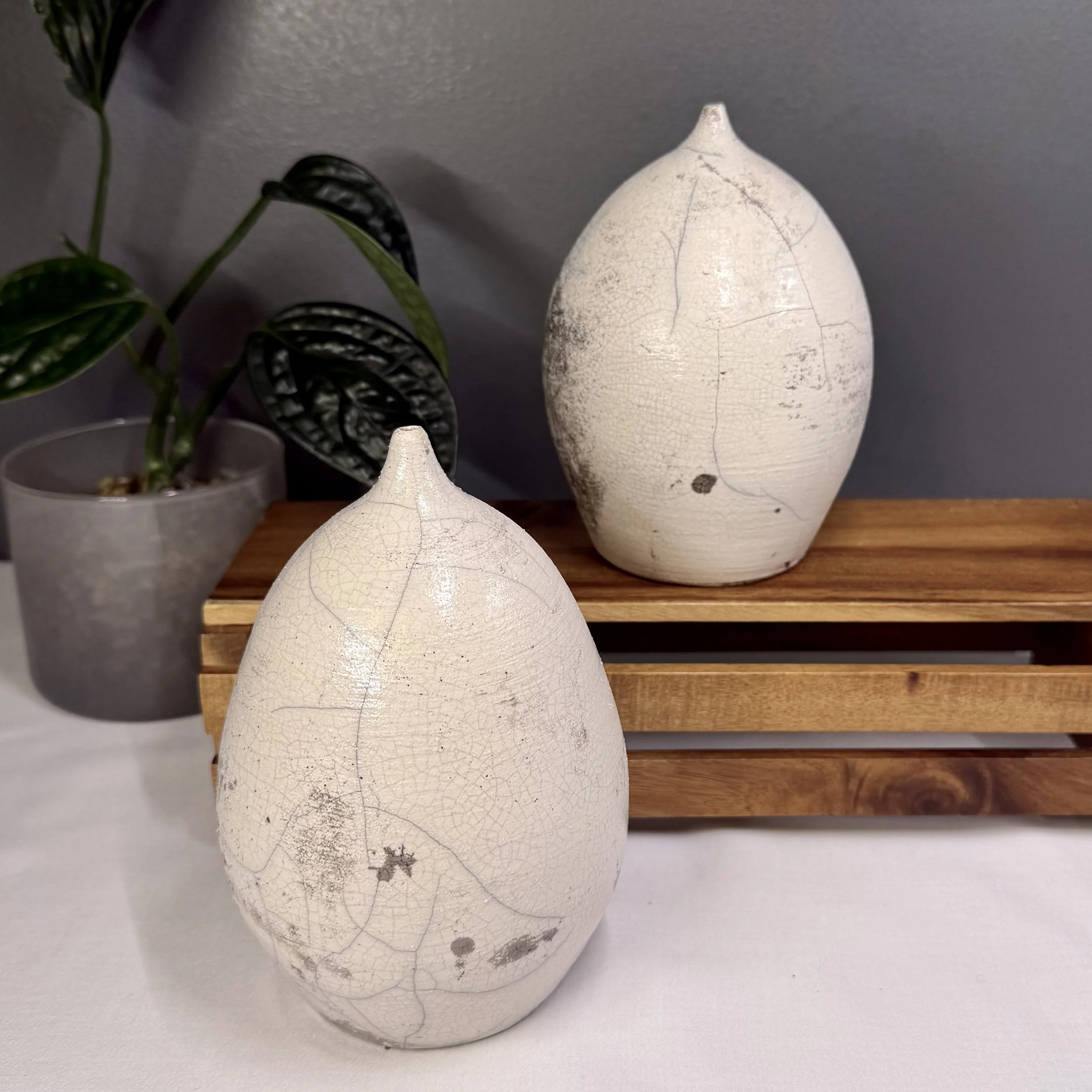 White Raku Droplet Vase Set