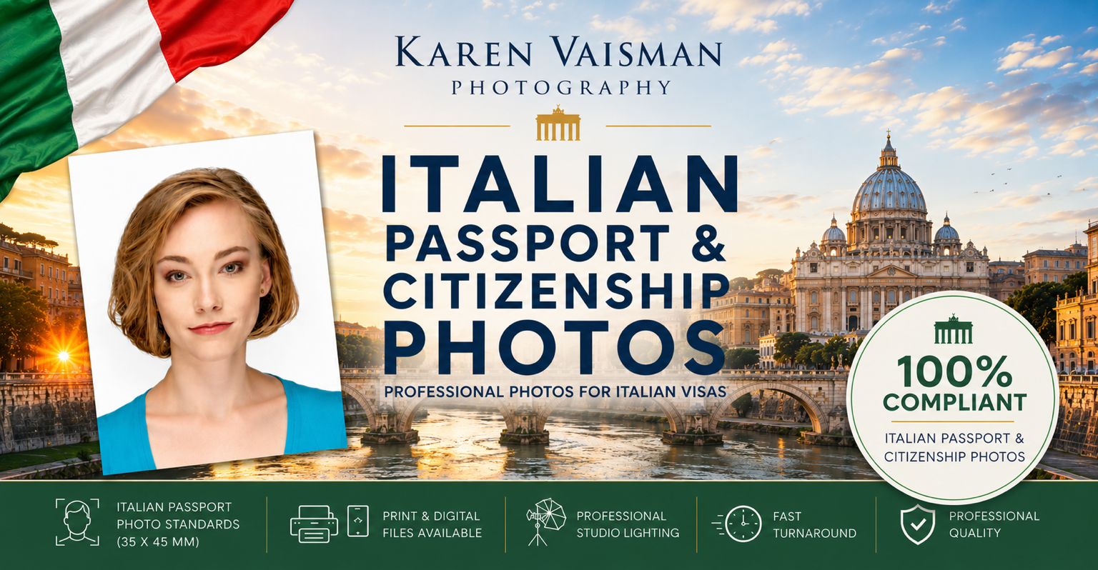 Italian passport and citizenship photos in Los Angeles with Italian flag, Rome background, passport photo example, and 100% compliant document photo service by Karen Vaisman Photography