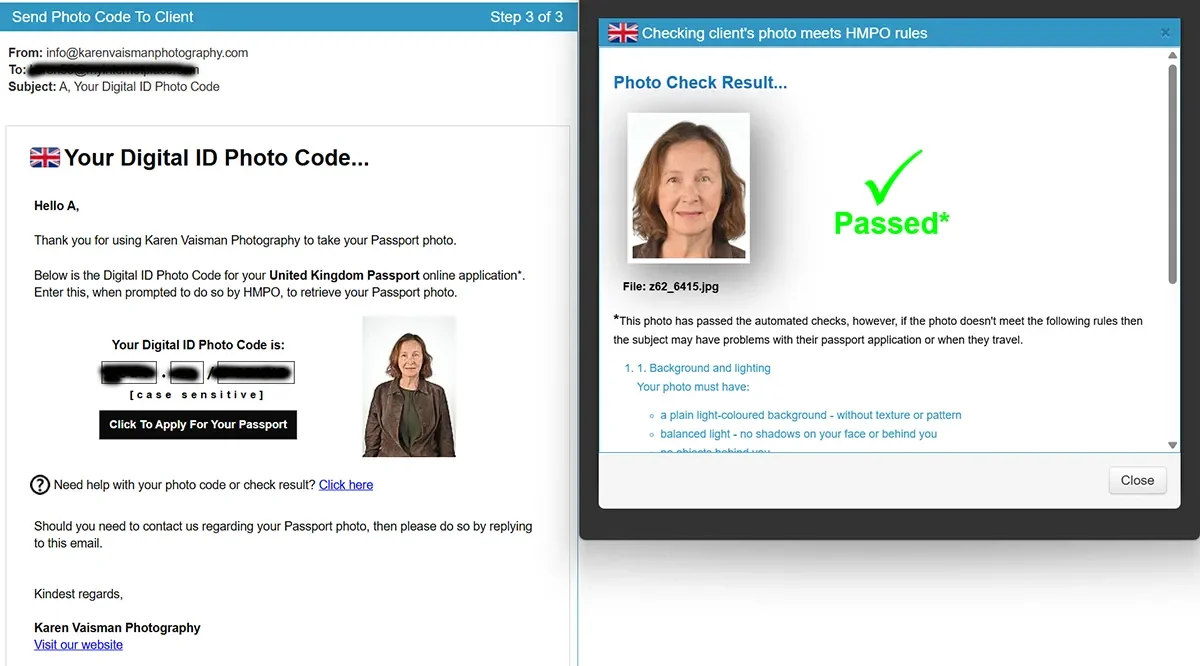 HM Passport Office automated photo check showing a passed result for a British digital ID photo code