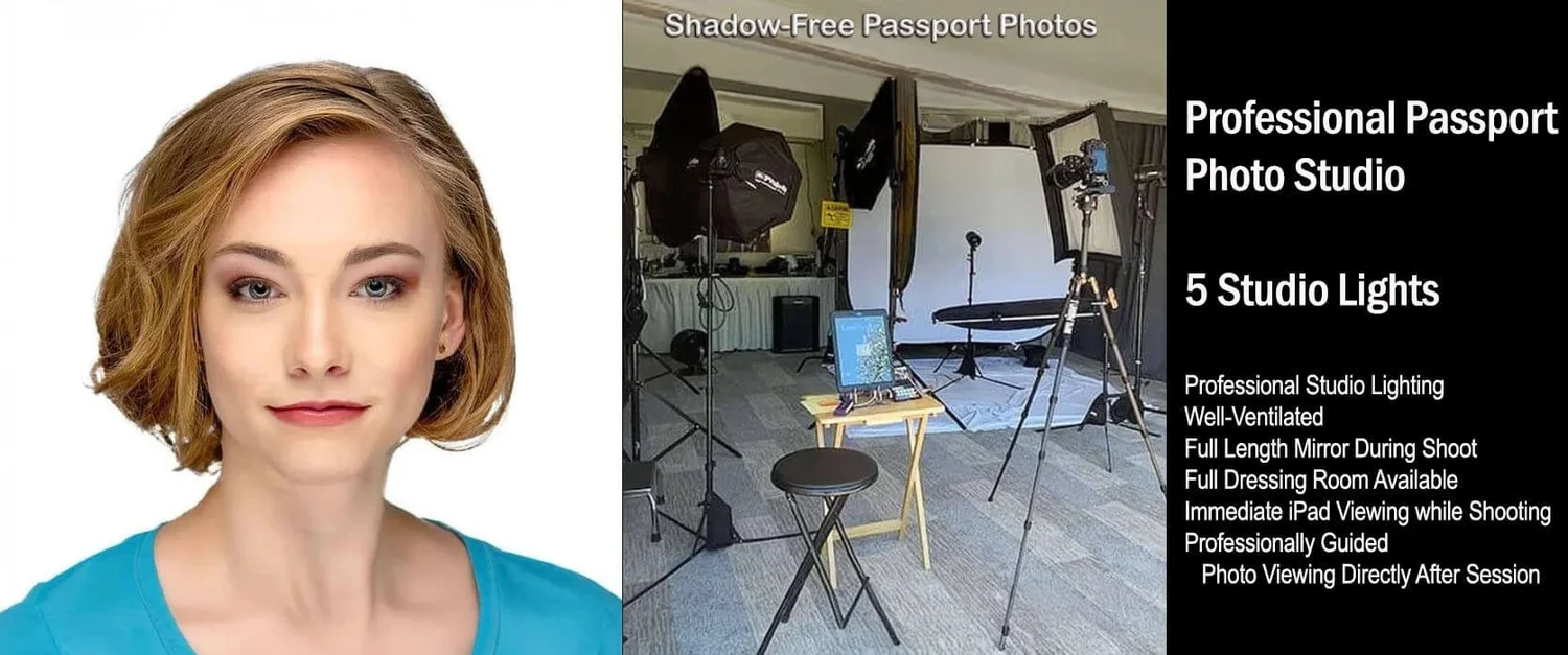 Professional passport photo studio — shadow-free lighting, 5 studio lights, iPad viewing — Karen Vaisman Photography, Agoura Hills