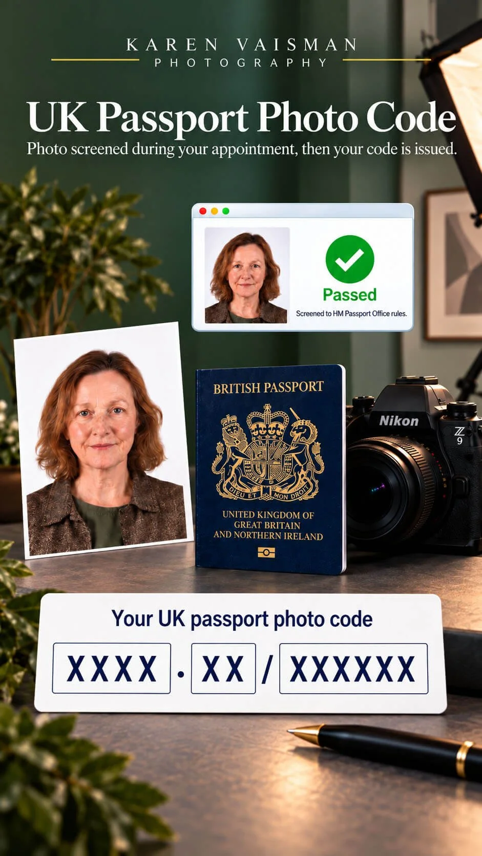 UK passport photo code issued while you wait — photo screened to HM Passport Office rules, passed, at Karen Vaisman Photography, Agoura Hills, Los Angeles