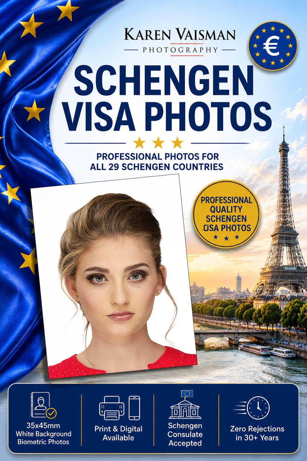 Schengen visa photos Los Angeles — 35×45mm European biometric visa photos by Karen Vaisman Photography Agoura Hills