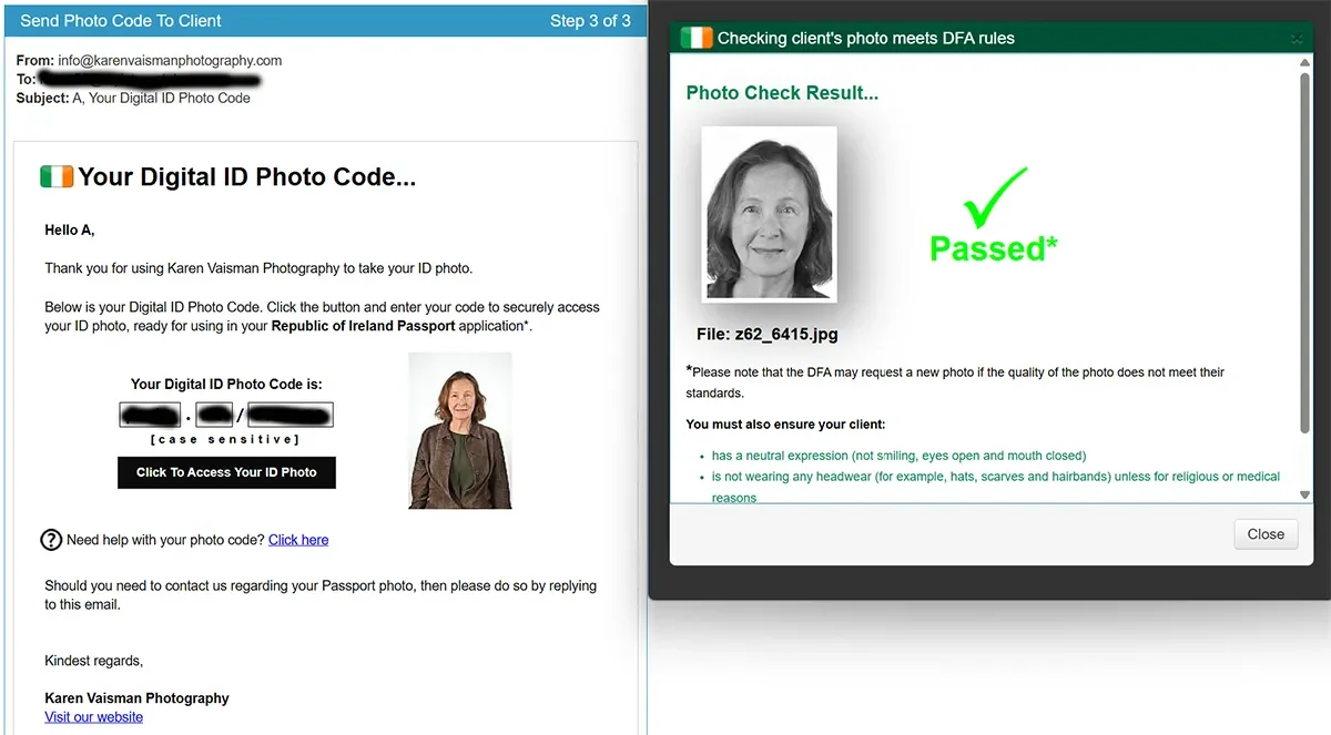 Real client photo compliance check for an Irish passport digital photo code, checked against Department of Foreign Affairs photo requirements