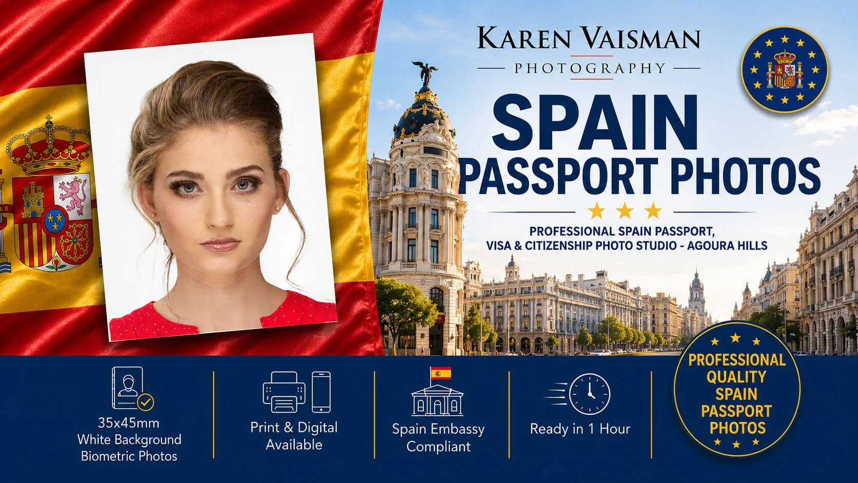 Spain passport photos Los Angeles — 35×45mm biometric photos for Spain Schengen visa applications — Karen Vaisman Photography Agoura Hills