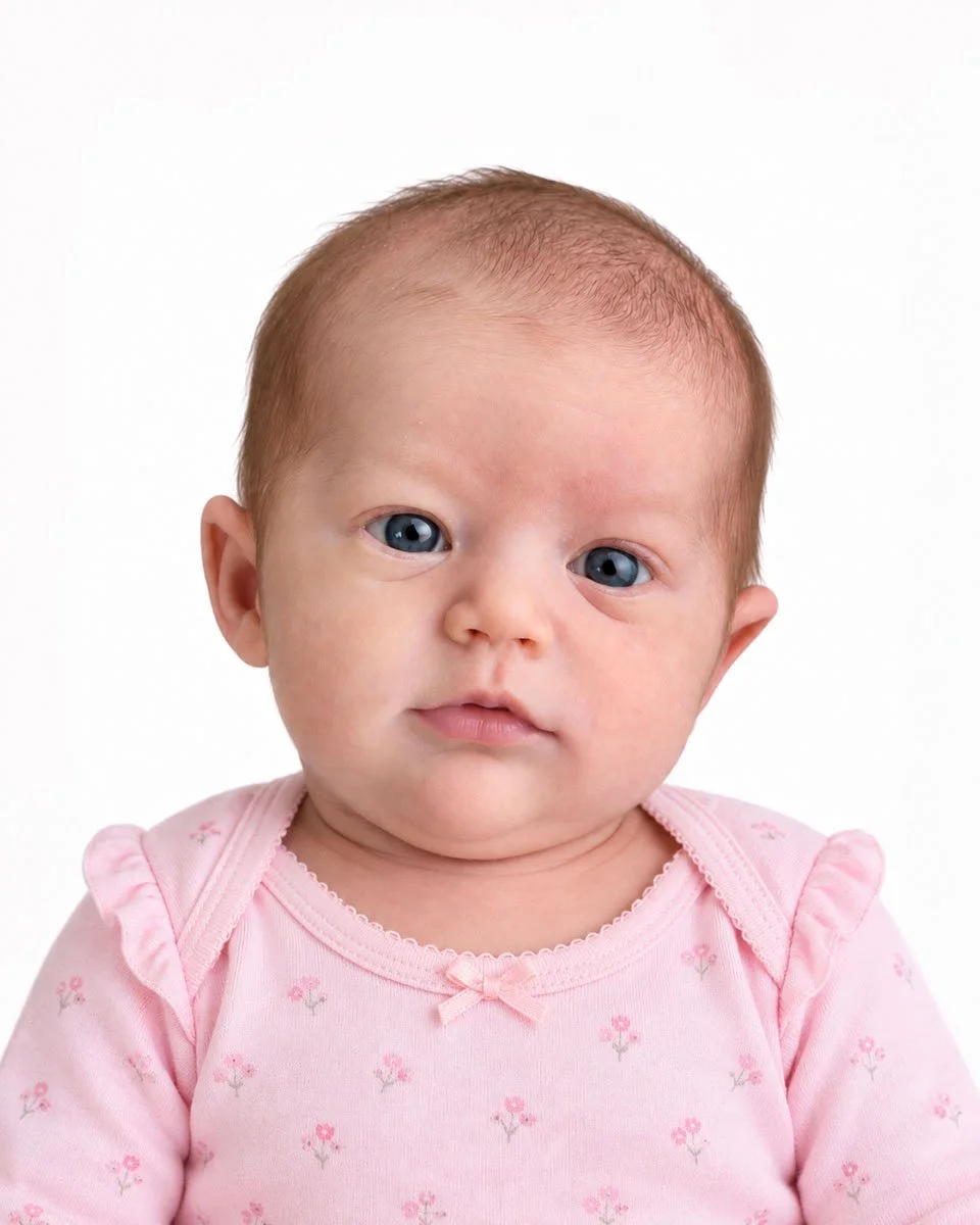 Newborn infant passport photo — baby girl facing camera, eyes open, mouth closed, white background, Karen Vaisman Photography Los Angeles