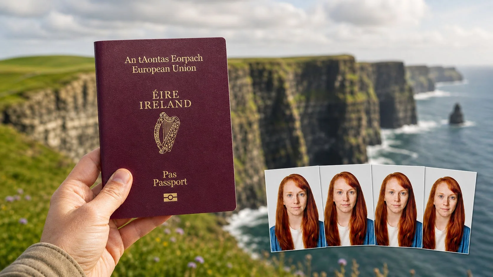Irish passport photos Los Angeles — Irish passport book with 4 sample photos — Karen Vaisman Photography Agoura Hills