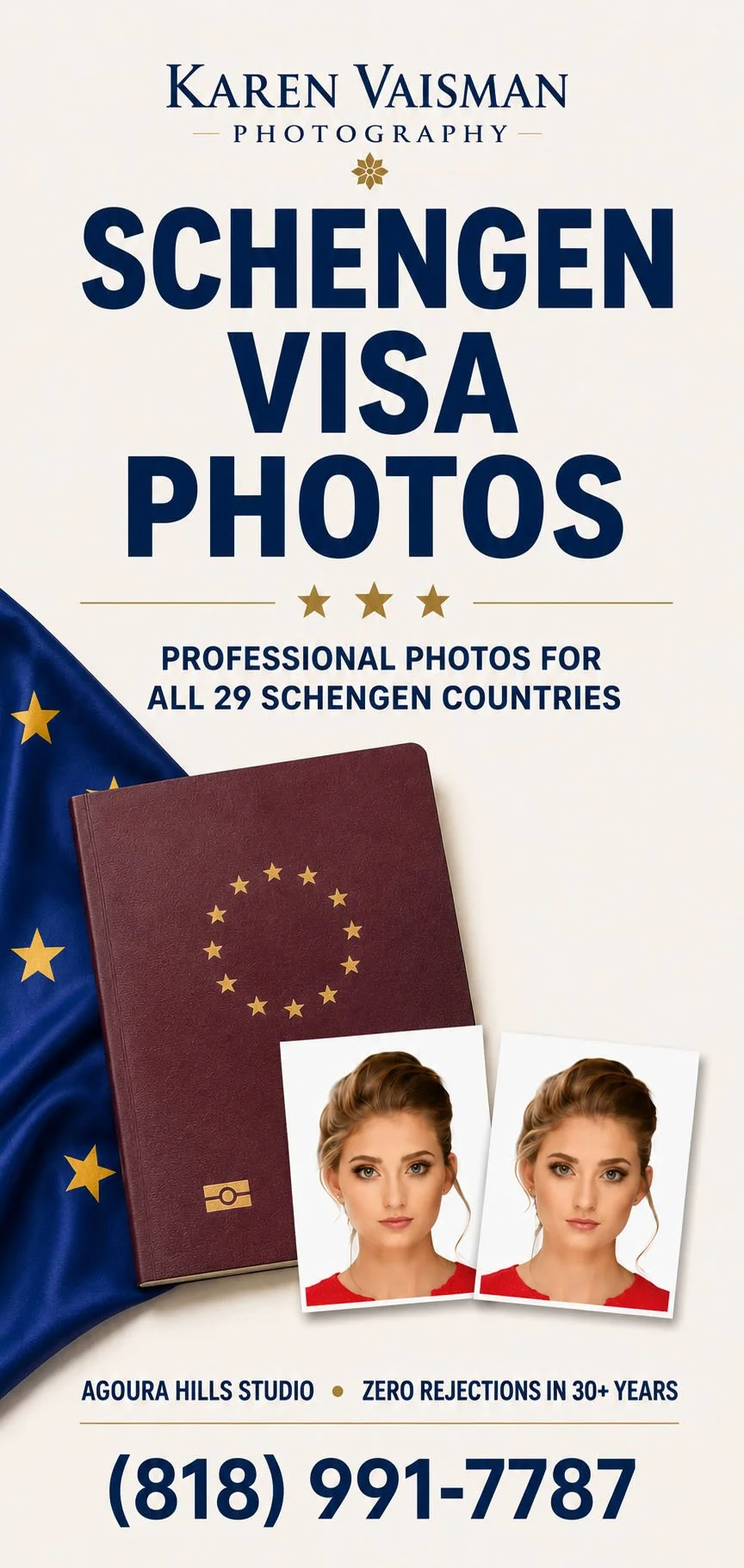 Schengen visa photos Los Angeles — 35×45mm biometric photos — Karen Vaisman Photography Agoura Hills