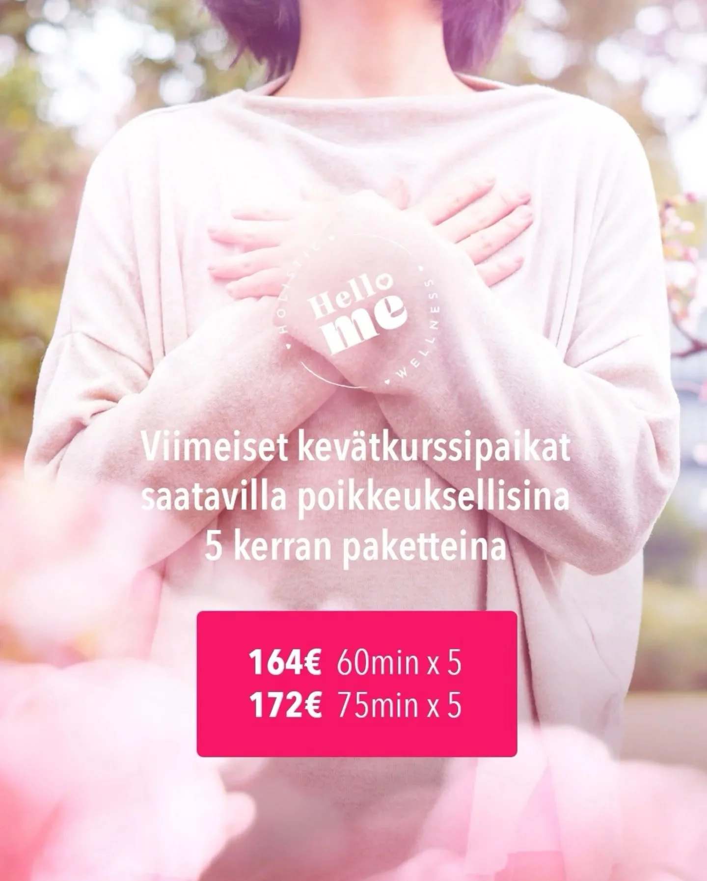J&auml;ljell&auml; olevat pienryhm&auml;paikat myyd&auml;&auml;n nyt 5 kerran kortteina 🤩

Voit valita  seuraavista tunneista:

Ma
18.45 - 20.00 syv&auml;venyttely &amp; meditaatio (Christa)

Ti
17.00 - 18.00 Barre (Marleen)
18.30 - 19.45 Pilates ta