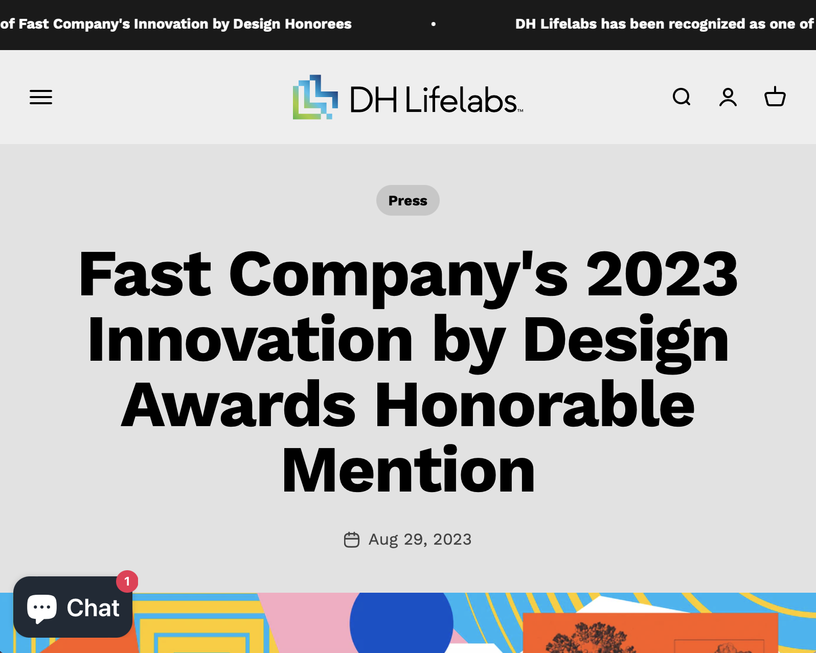 Webpage displaying news article with the headline 'Fast Company's 2023 Innovation by Design Awards Honorable Mention,' dated August 29, 2023, with a colorful geometric background at the bottom.