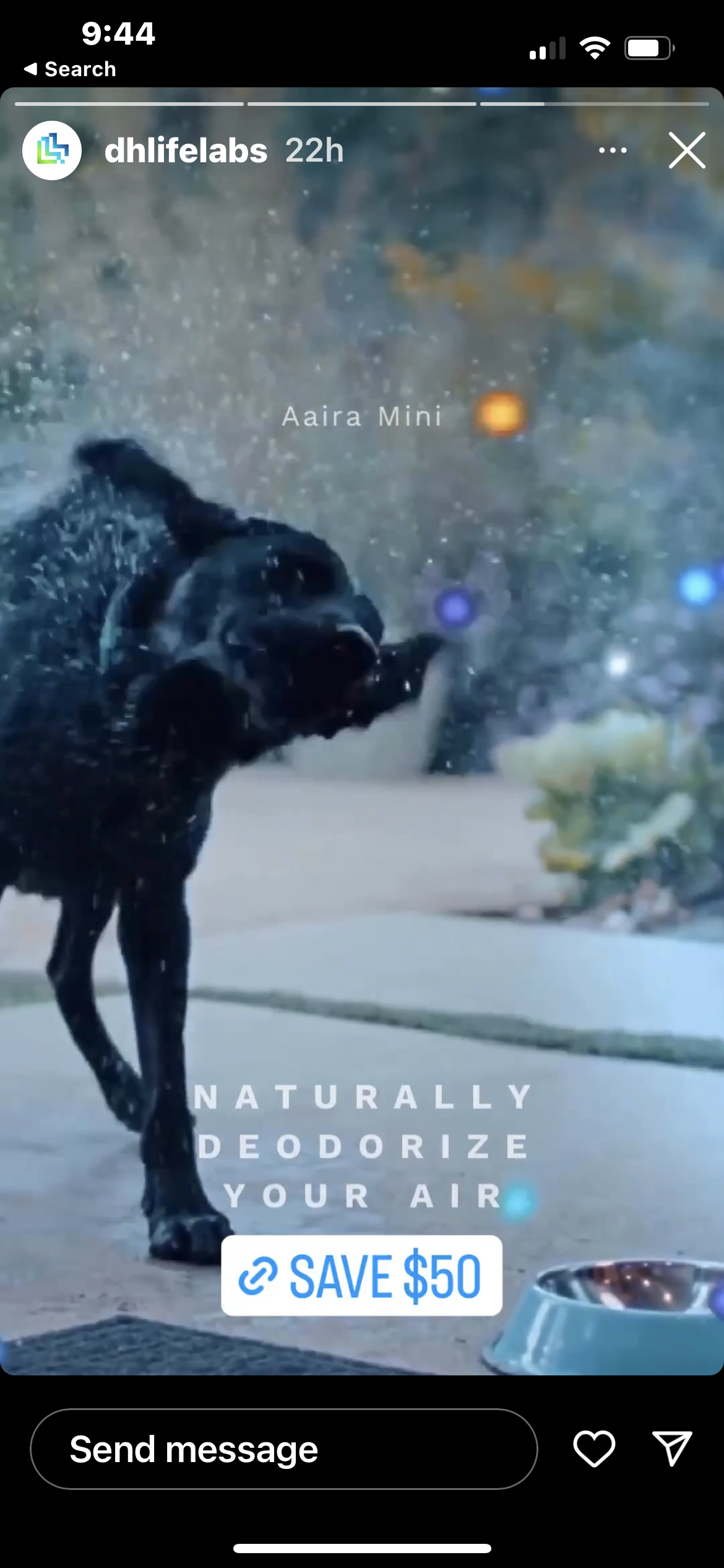 Black dog shaking water off its fur outdoors near a dog bowl, with text overlay and a logo in the top left corner.