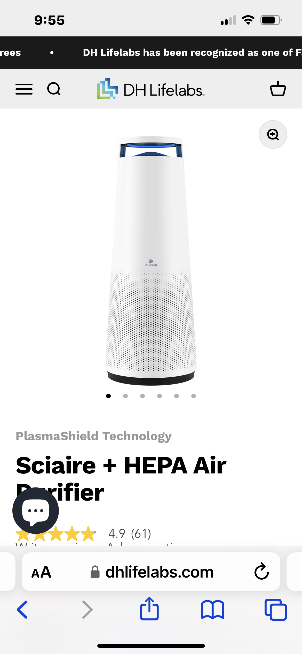 A cylindrical air purifier with a white body and blue accents on top, displayed on a website page for a Skeare + HEPA Air Purifier by DH Lifelabs.
