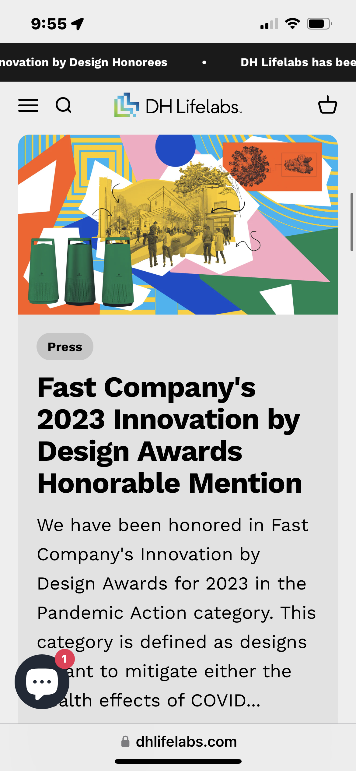 Screenshot of a webpage from DH Lifelabs announcing Fast Company's 2023 Innovation by Design Awards Honorable Mention, with colorful abstract artwork including a yellow building sketch, trees, and three green object illustrations.