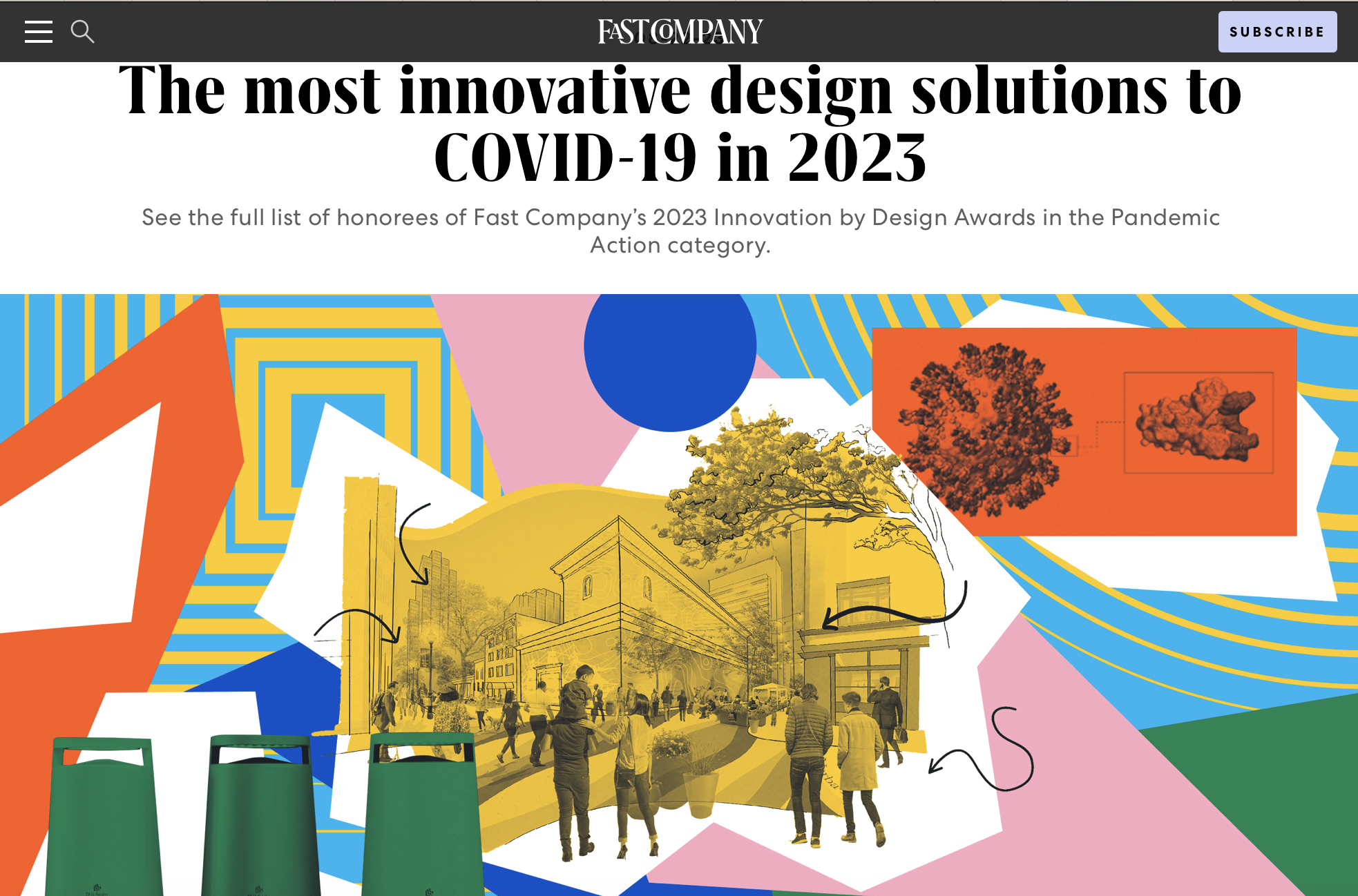 Colorful collage featuring a city street scene, abstract patterns, and images of trees and clouds, illustrating innovative COVID-19 design solutions in 2023.