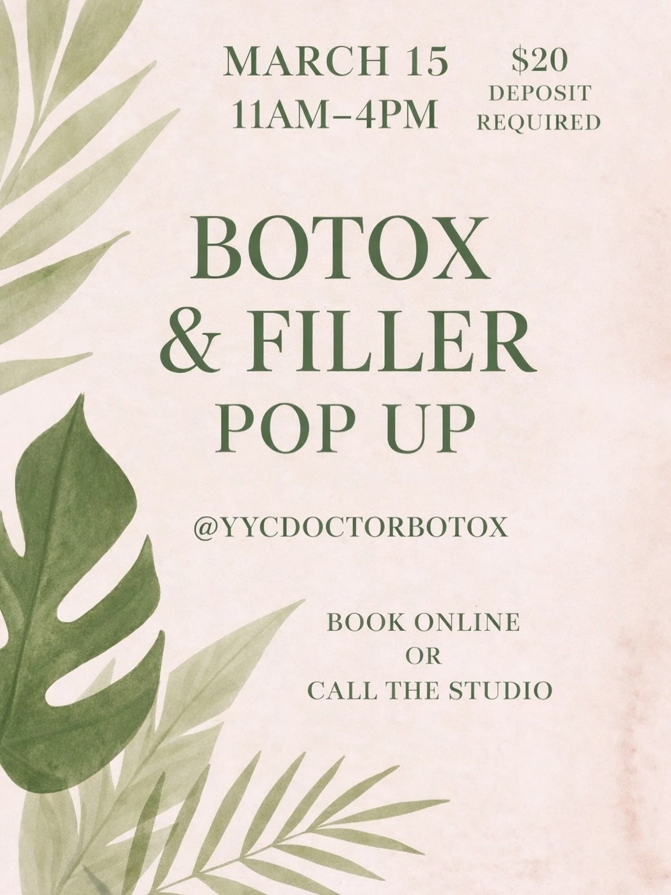 Botox &amp; Filler Pop-Up is back ✨
March 15 | 11AM&ndash;4PM
Limited appointments available with @yycdoctorbotox 

$20 deposit required to secure your spot.
Book online or call the studio to reserve 🤍