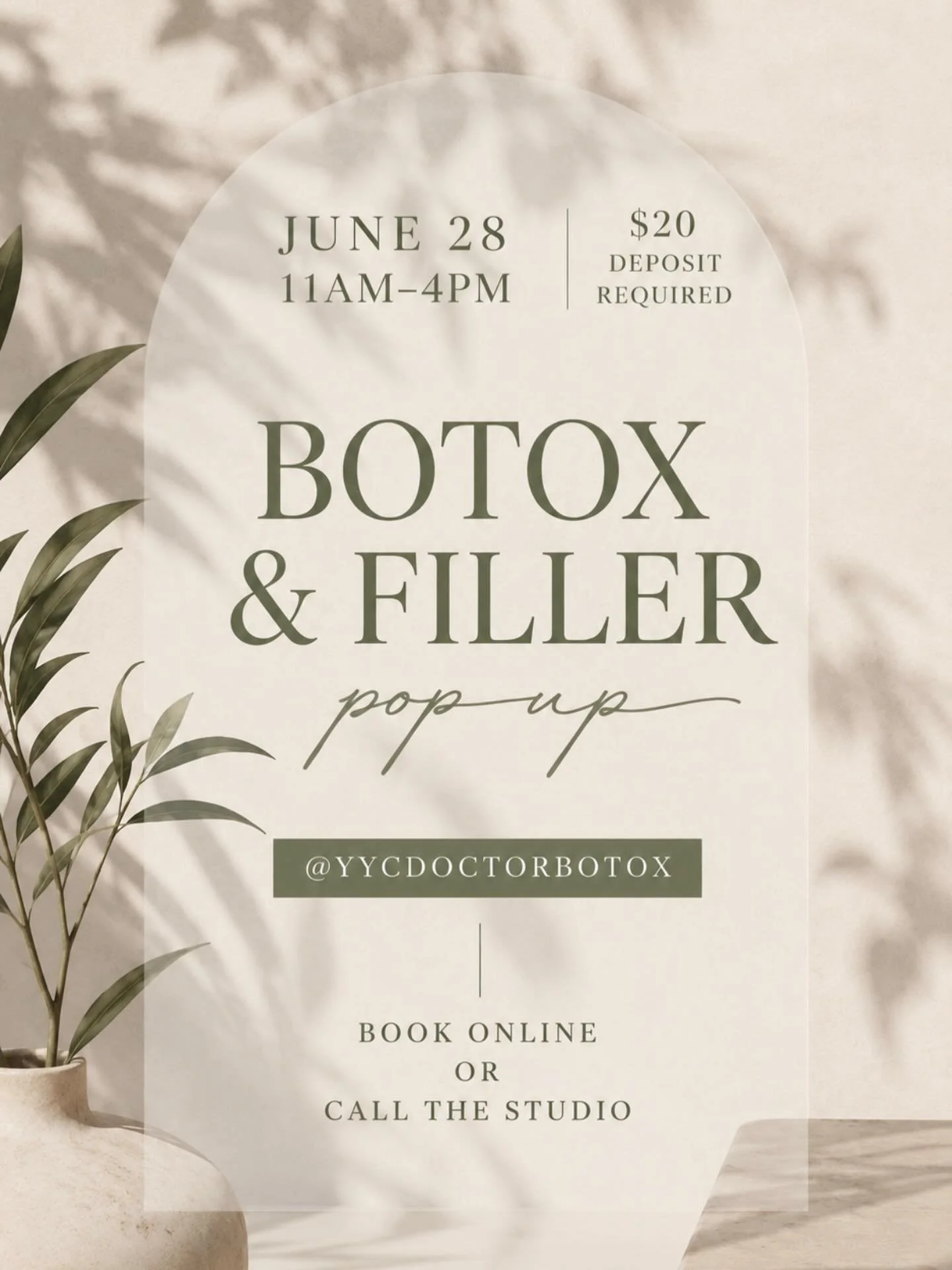 Botox &amp; Filler Pop-Up is back ✨

June 28 | 11AM&ndash;4PM
@yycdoctorbotox at Coco Lexi Beauty Bar

Book online or call the studio to reserve your appointment.
Limited spots available.

$20 deposit required.