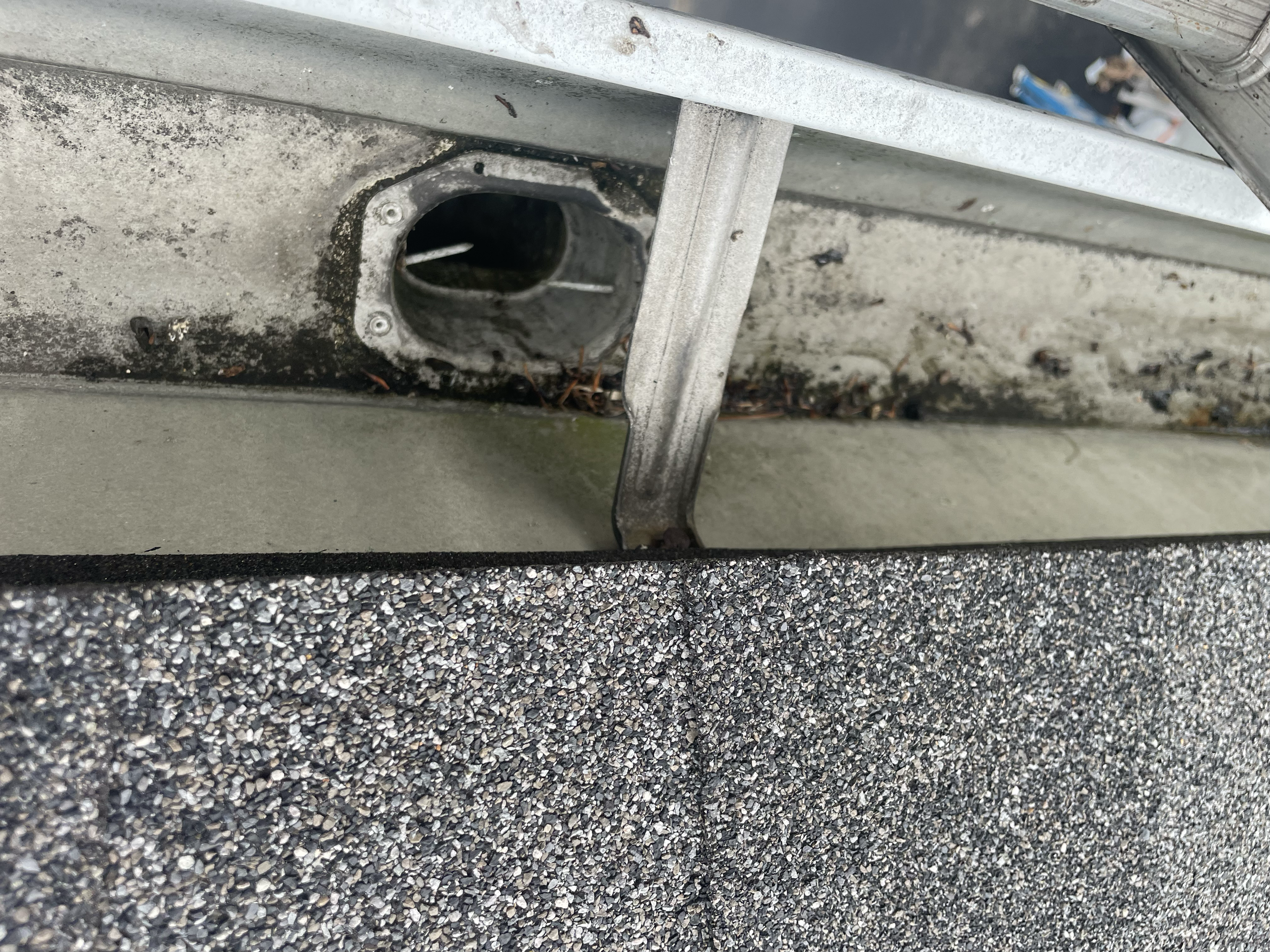 Roof gutter with downspout connection and asphalt shingles.