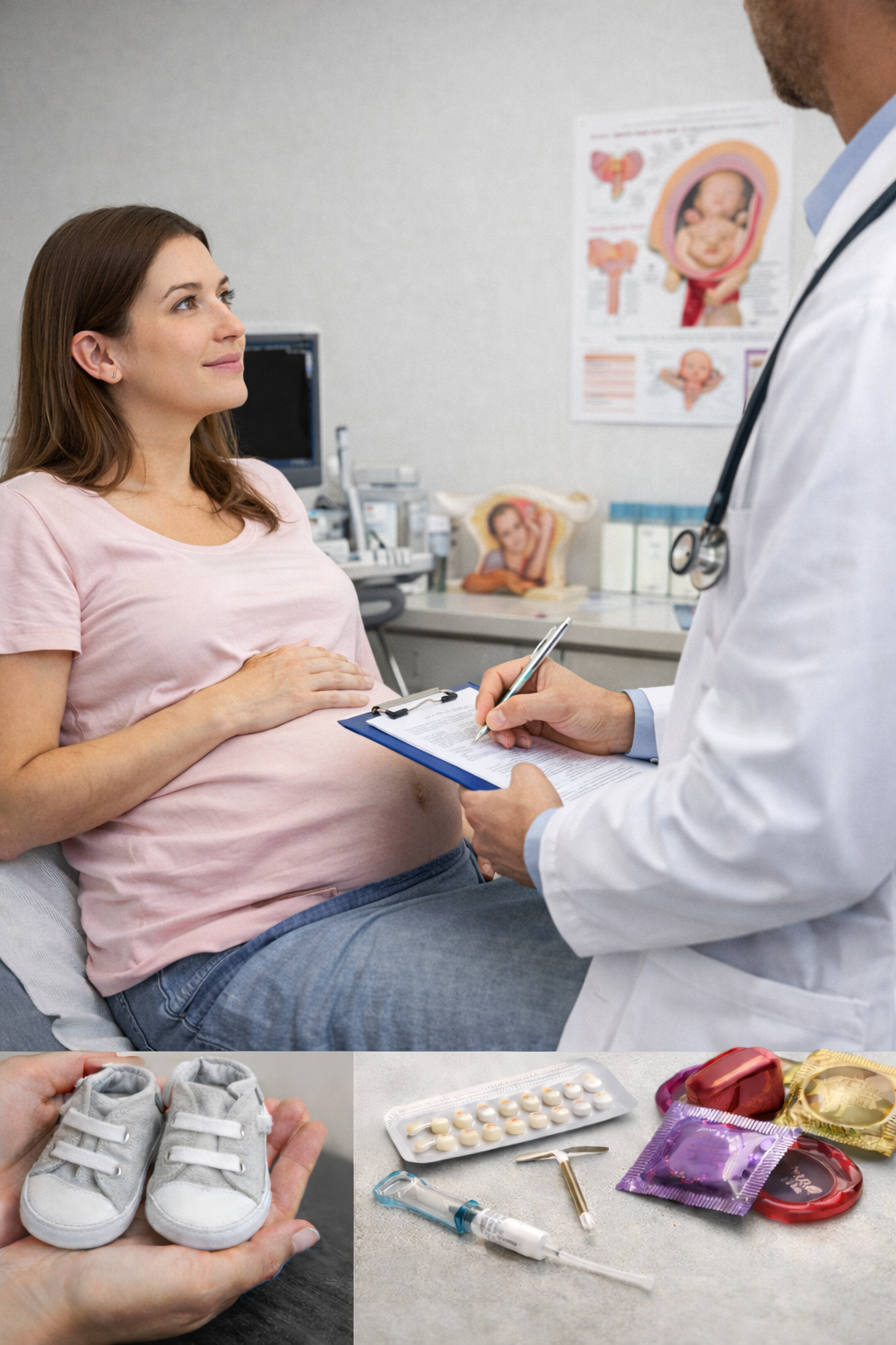Ginecólogo atendiendo a paciente embarazada durante consulta prenatal en consultorio médico.