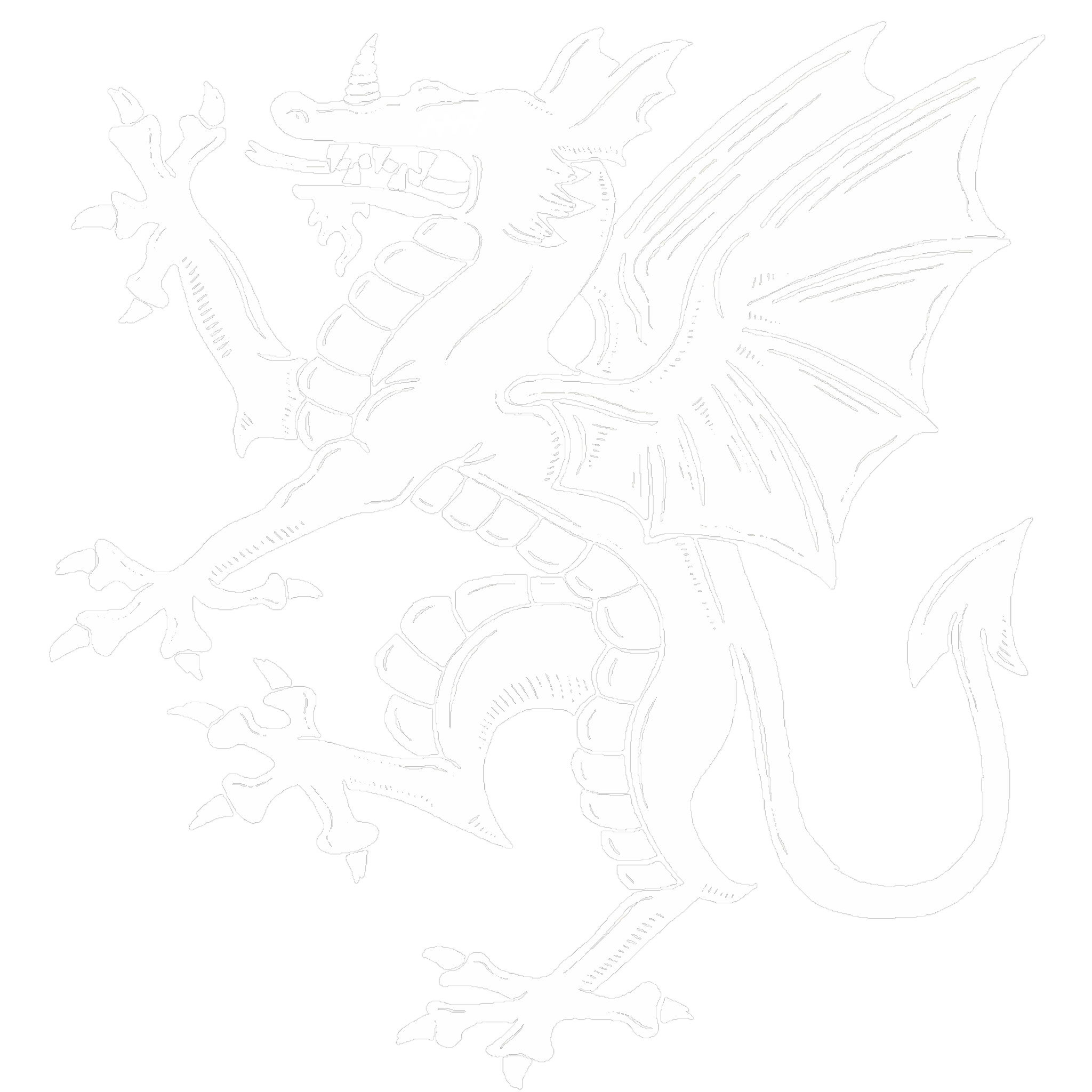 Black and white illustration of a heraldic dragon with wings, claws, and tail.
