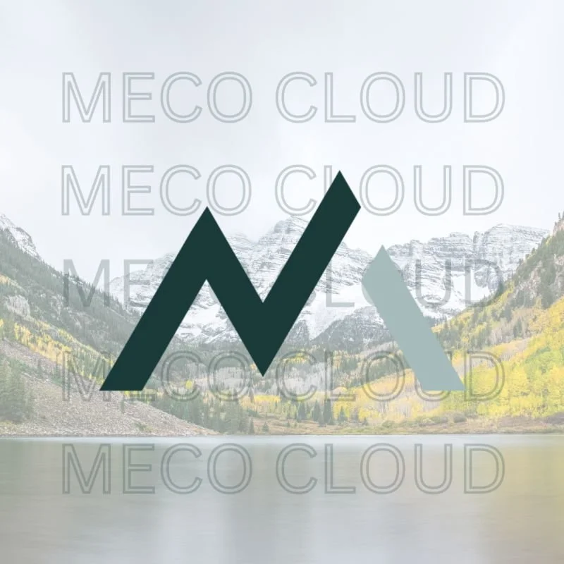 Logo with stylized mountain peaks and the words "MECO CLOUD" repeated in the background, overlaid on a lake and mountain landscape.
