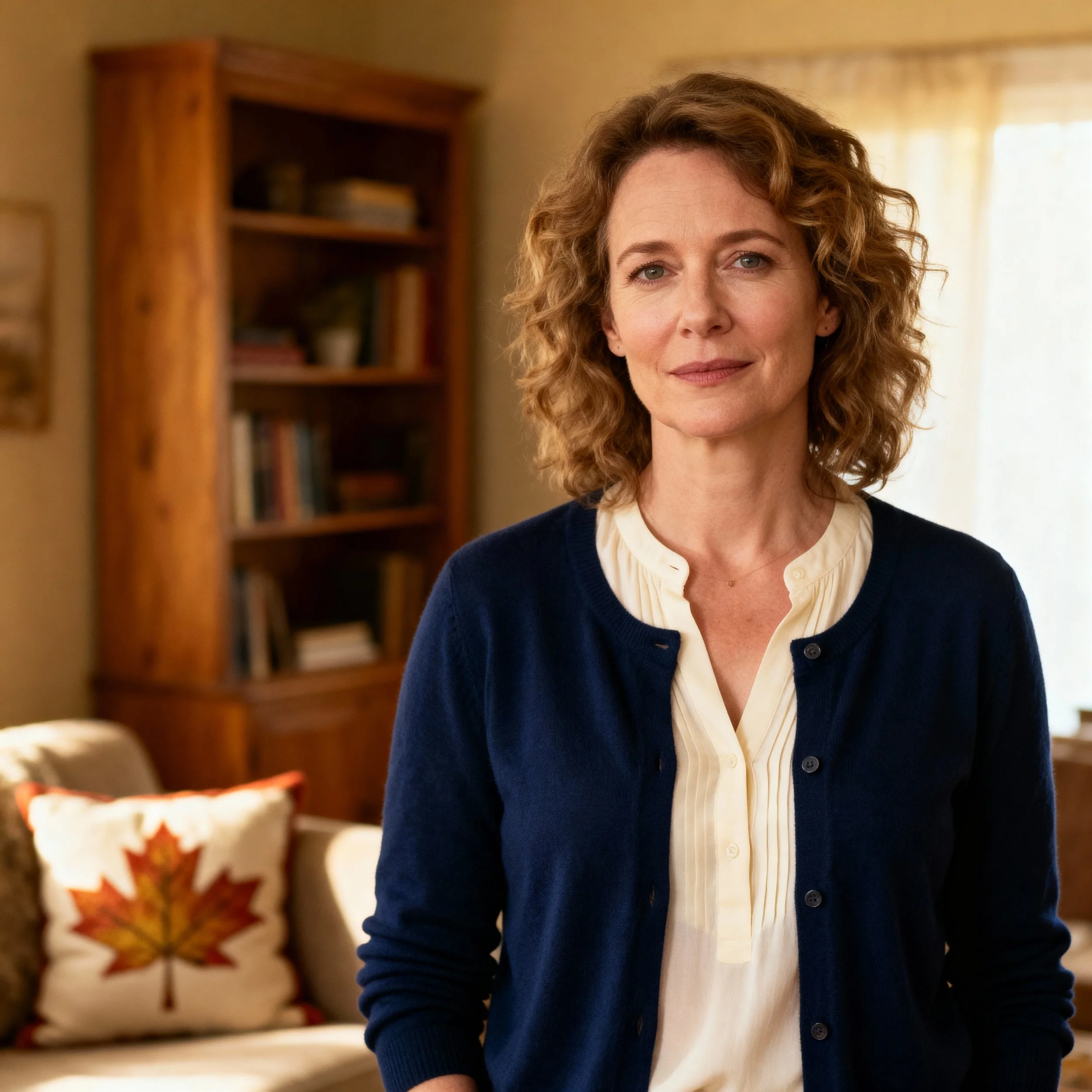 Une femme aux cheveux bouclés, portant une chemise crème et un cardigan bleu, dans un salon avec un canapé et une bibliothèque en bois en arrière-plan.