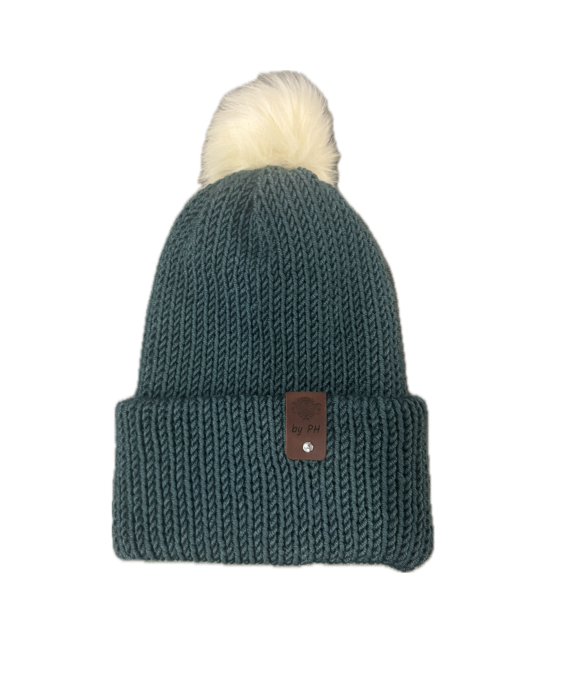 Teal Hat with Cream Pom