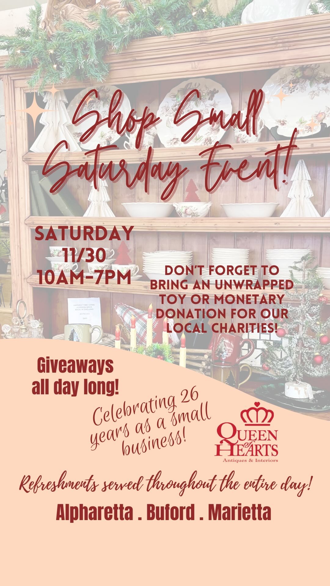 You’re invited to our Shop Small Saturday Event!! While we don’t feel you need to be reminded about how important it is to shop small every holiday season, we do want to remind you that you are loved and appreciated!!
Join us in Alpharet
