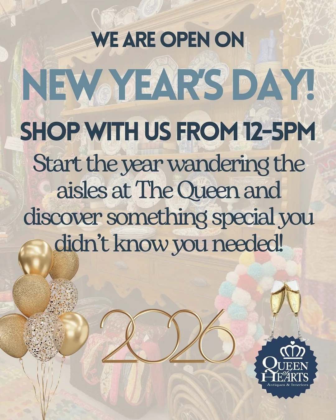 🍾Happy New Year, Queenies 🍾

If you&rsquo;re out and about today, we&rsquo;re open from 12&ndash;5!!Come wander the aisles, get yourself something beautiful, and start the year inspired!

#queenofheartsantiques #qohfinds #newyearsdayshopping #nydsh