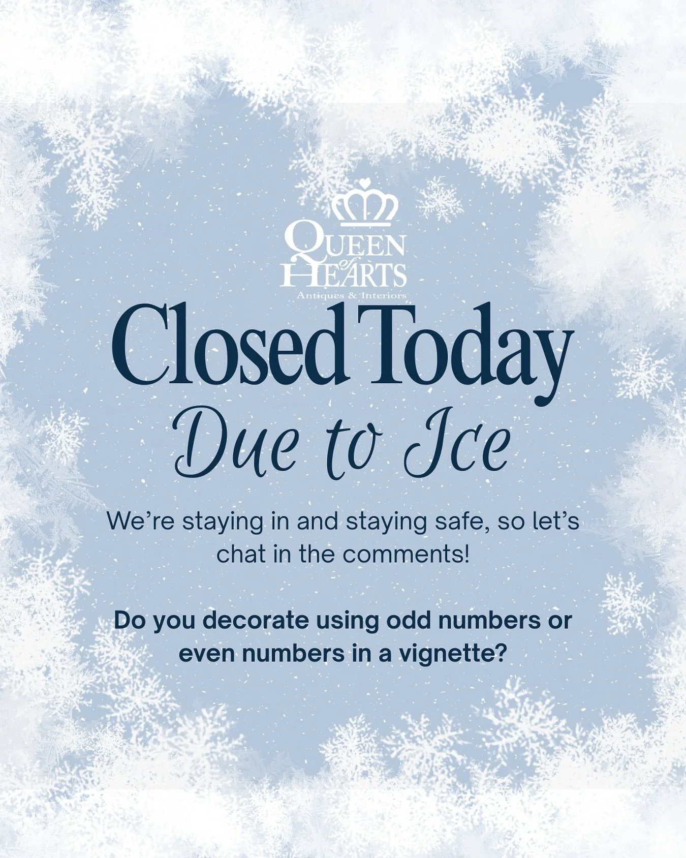 ❄️ Closed today (Monday, 1/26) due to icy roads, downed trees, and scattered power outages. Everyone stay safe and warm!

Since we can&rsquo;t see you in the store, let&rsquo;s chat here instead 👇

When you&rsquo;re styling a vignette, are you team 