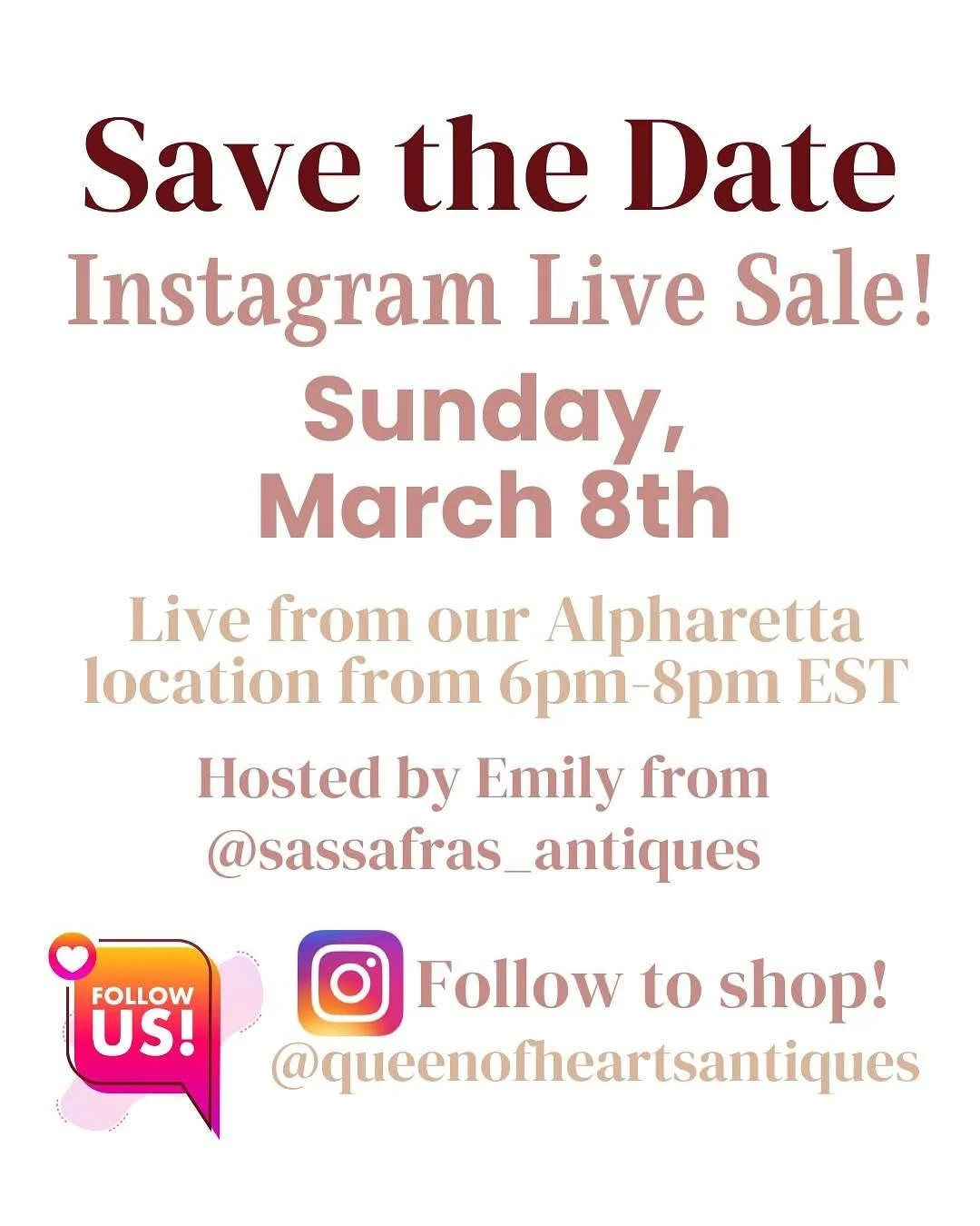 🚨 LIVE SALE ALERT 🚨

Mark your calendars ➡️ our next Queen of Hearts Instagram Live Sale is happening this Sunday and you&rsquo;re invited to shop along with us!

We&rsquo;ll be live from our Alpharetta location featuring four incredible booths:

✨