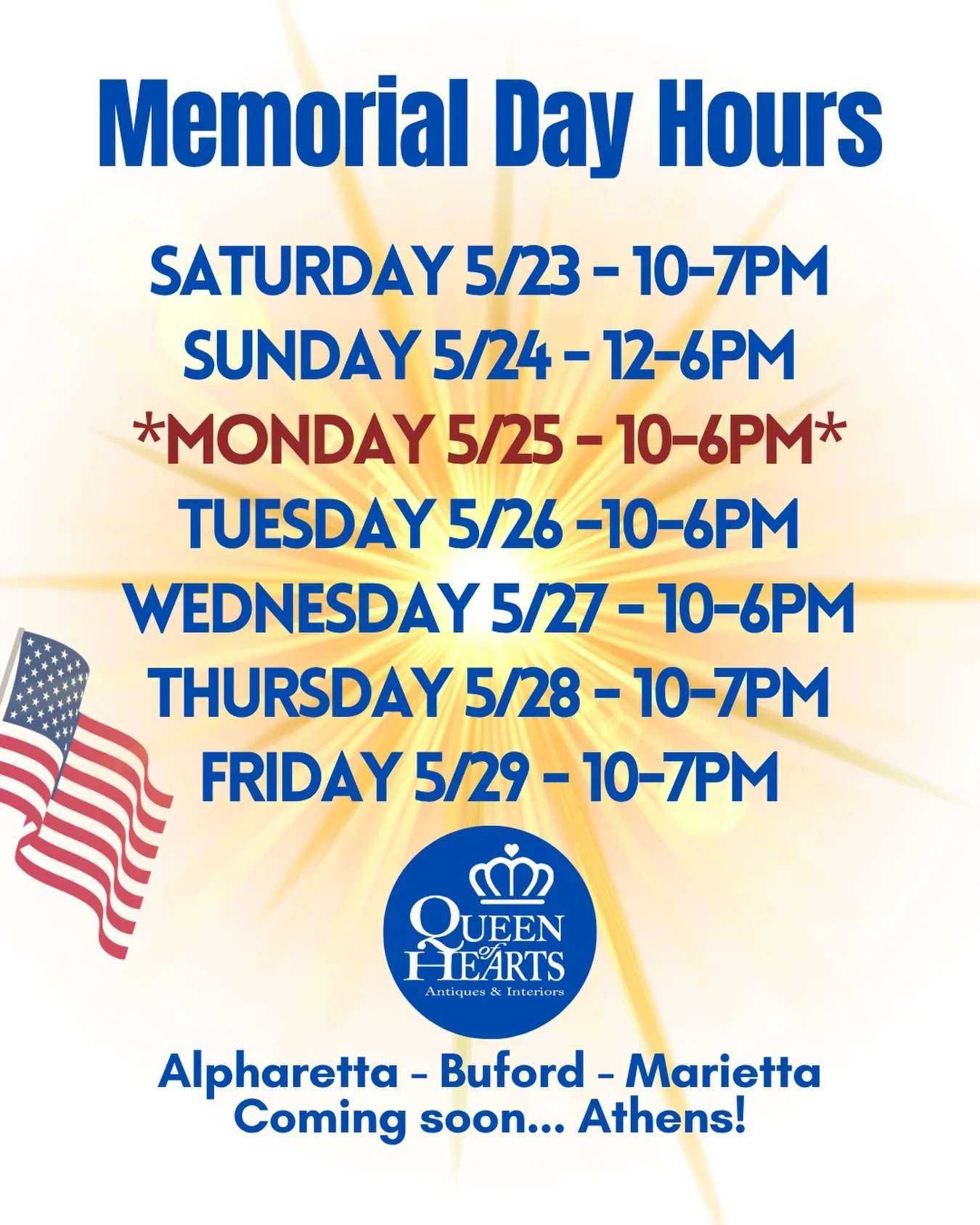 🇺🇸 We&rsquo;re open all weekend long! Stop by Alpharetta, Buford or Marietta and come wander the aisles this rainy Memorial Day weekend!

You never shop the same store twice at The Queen!

🤩 Open 7 days a week 🤩

#alpharettaga #bufordga #marietta