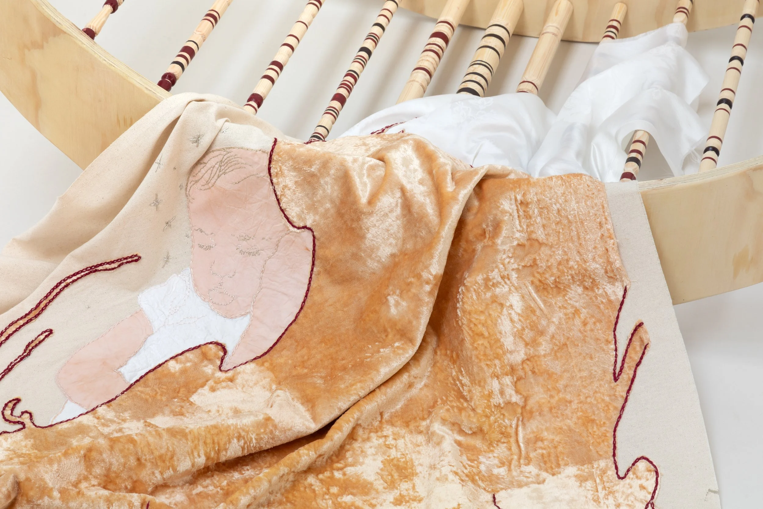 Installation Beshik, 2024/
poplar, furniture paint, wax,
cotton, vintage silk,
vintage pan velvet