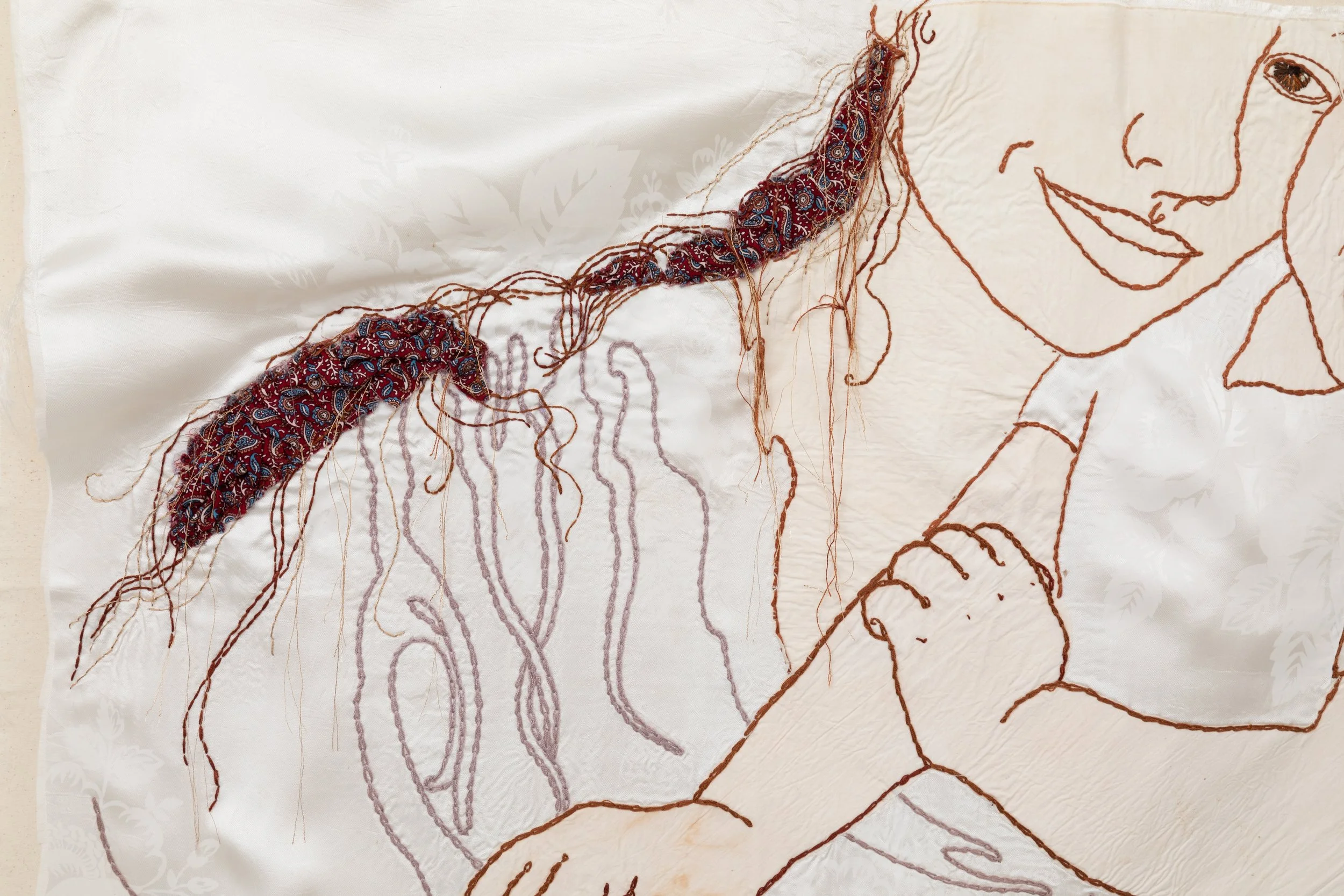 Shurale, 2024/ Cotton, natural dye, vintage silk, wood/ 115x95 cm