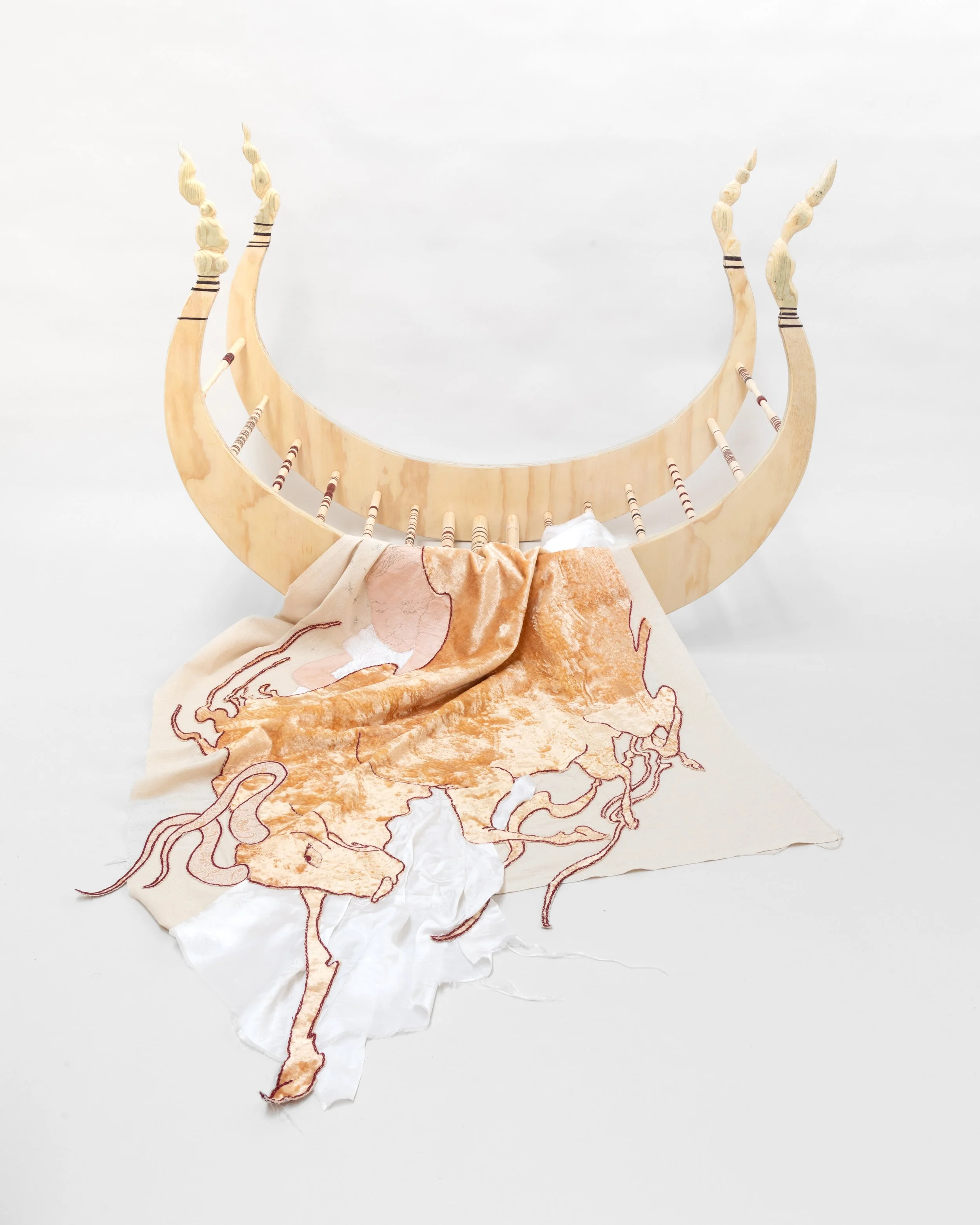 Installation Beshik, 2024/
poplar, furniture paint, wax,
cotton, vintage silk,
vintage pan velvet