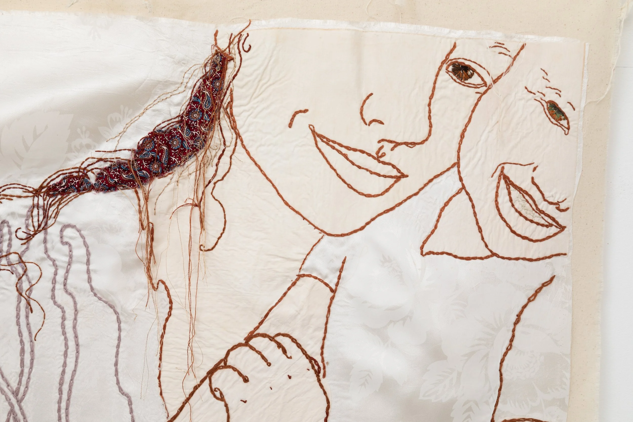 Shurale, 2024/ Cotton, natural dye, vintage silk, wood/ 115x95 cm