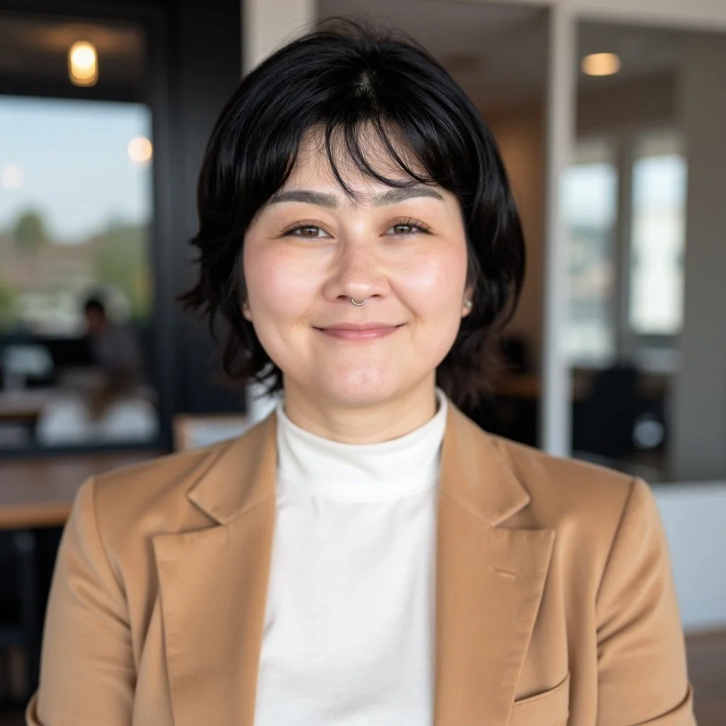 A young woman with short black hair and a septum piercing, smiling and wearing a tan blazer over a white turtleneck, sitting indoors with a blurred background of a modern office or cafe.