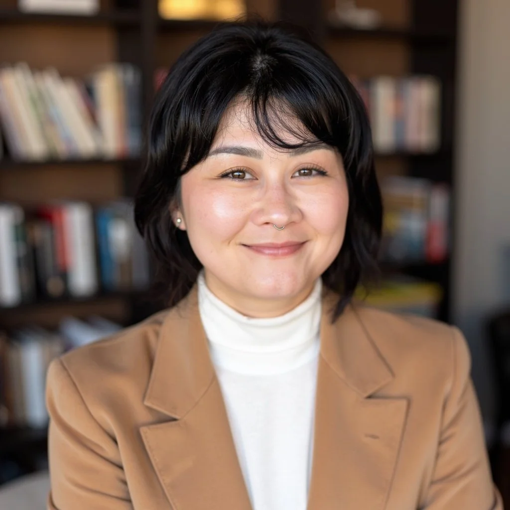Smiling woman with black hair and a septum piercing, wearing a tan blazer and white turtleneck, in a room with a bookshelf in the background.