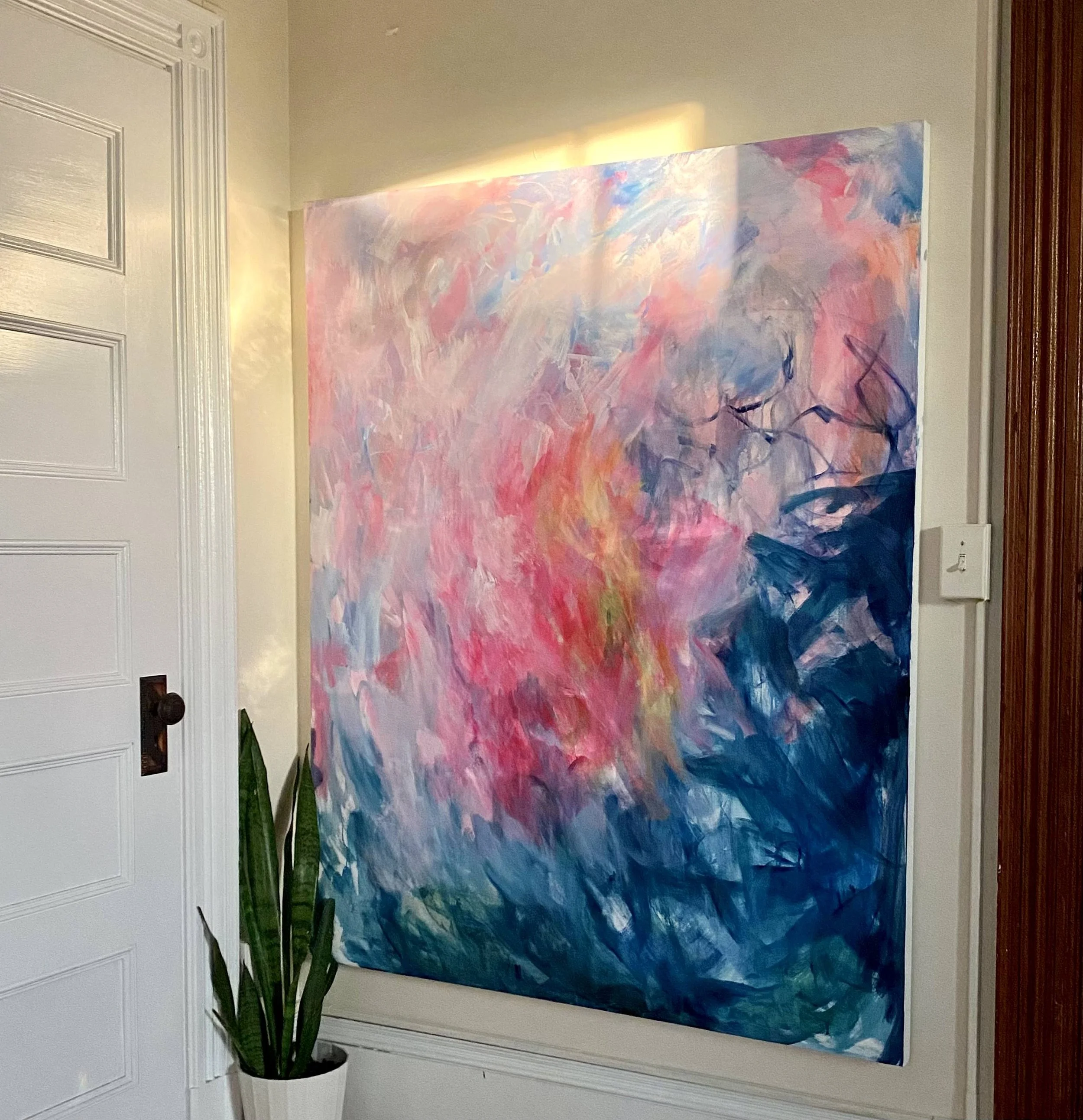 blue, pink and purple giant 4x5' wall-sized painting, abstract expressionist artwork by Portland, Maine, queer artist ashley trabue