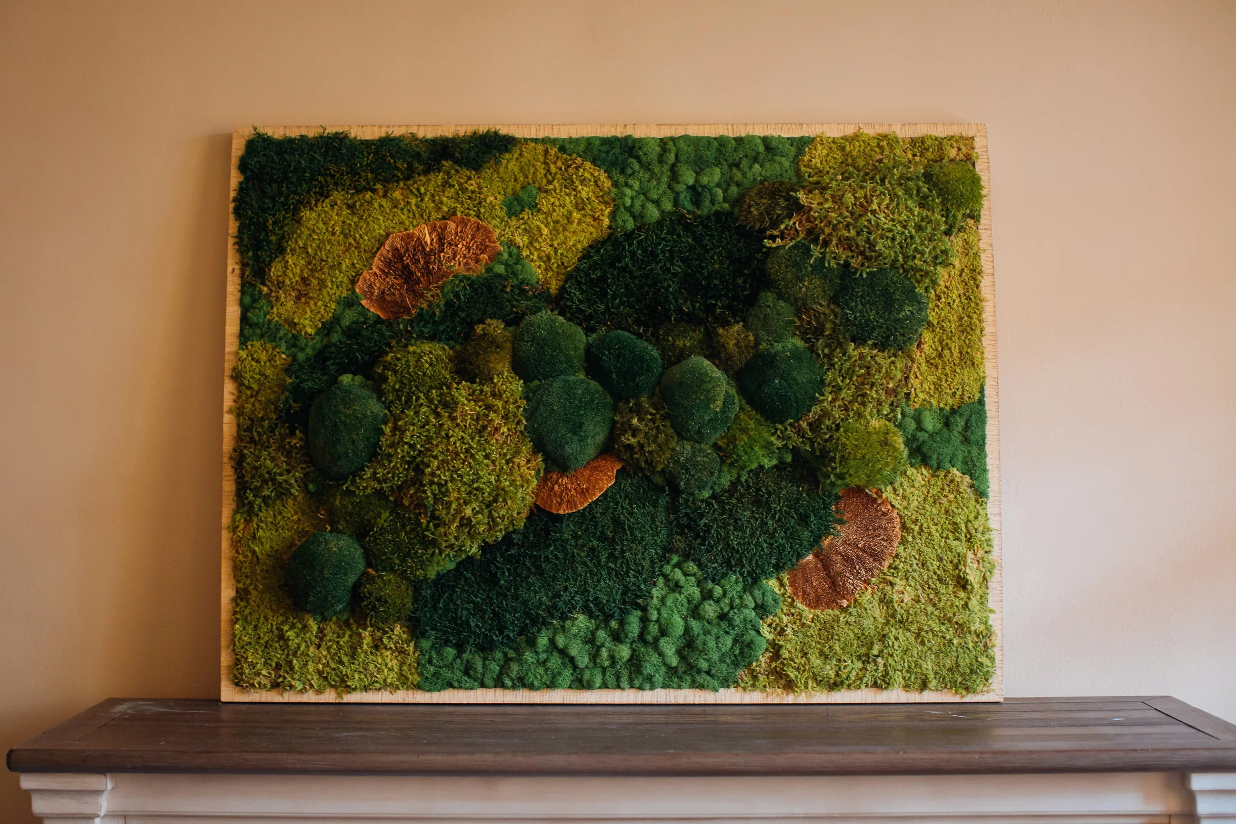 portrait of moss art with greenery and mushrooms fine art