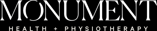 Logo for Monument Health + Physiotherapy with white text on black background.