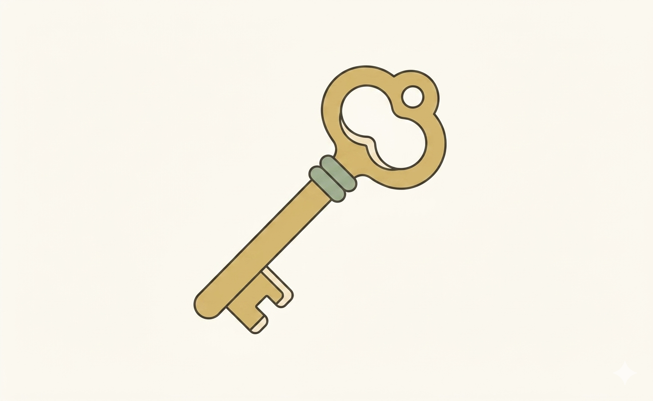 A cartoon illustration of a vintage-style key with a round top and a shaft, colored in gold and light green accents.