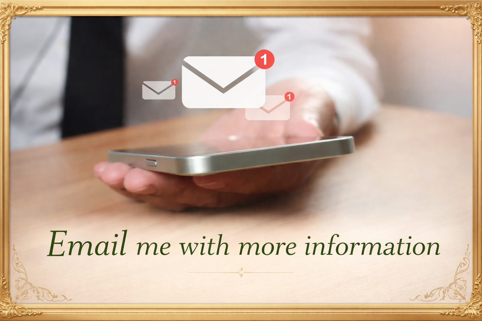 A person holding a smartphone with floating email notification icons above it, displaying one new message. Text on the image reads "Email me with more information."