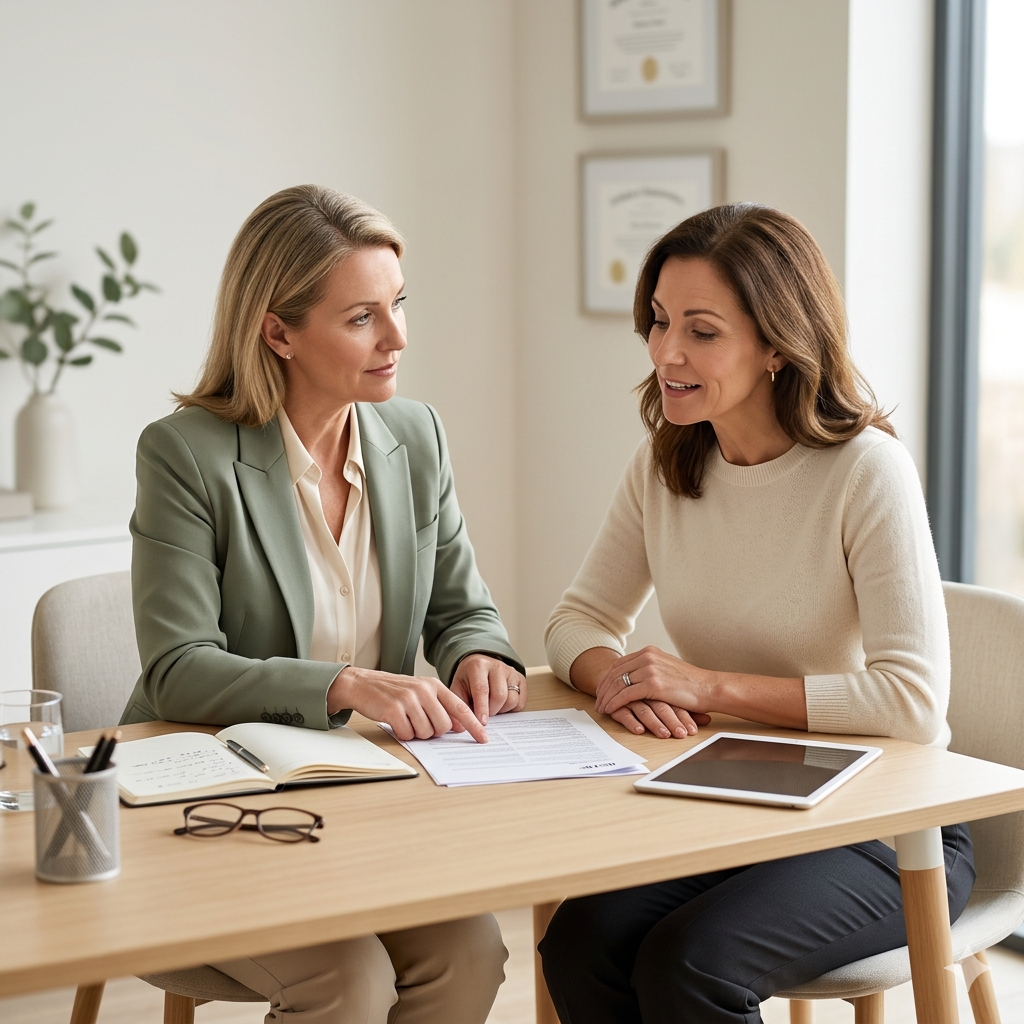 Two women having a discussion at a desk with documents, a tablet, and glasses, in an office setting.