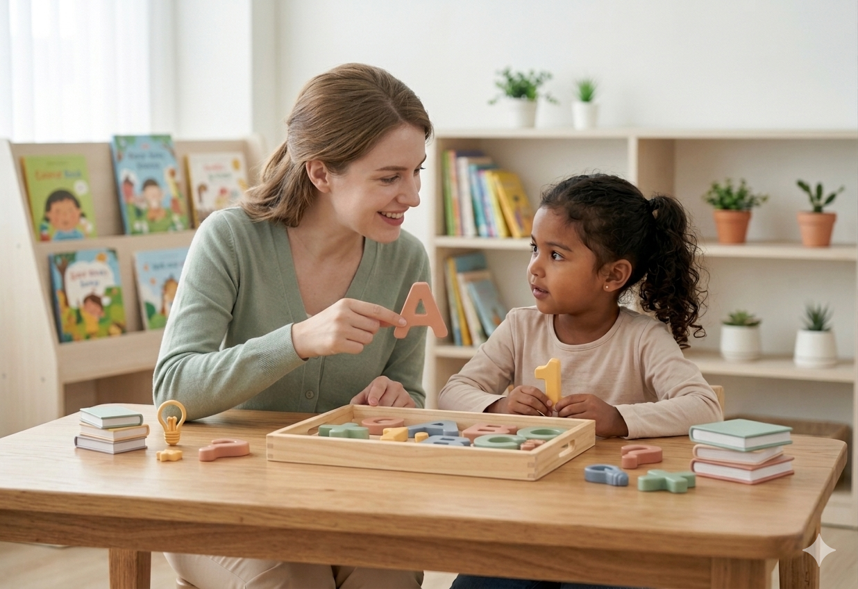 An adult woman and young girl sit at a wooden table playing with foam alphabet letters in a bright room with bookshelves and potted plants.