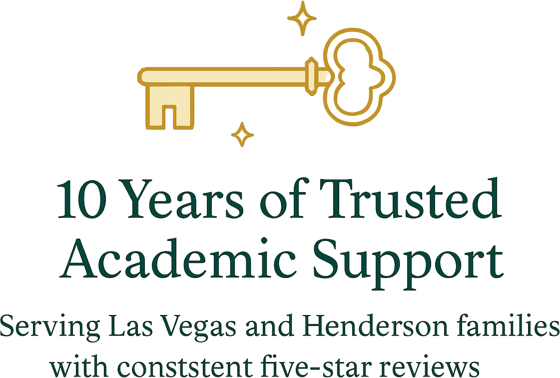 Gold key with sparkle, with text overlay that reads "10 Years of Trusted Academic Support, Serving Las Vegas and Henderson families with consistent five-star reviews".