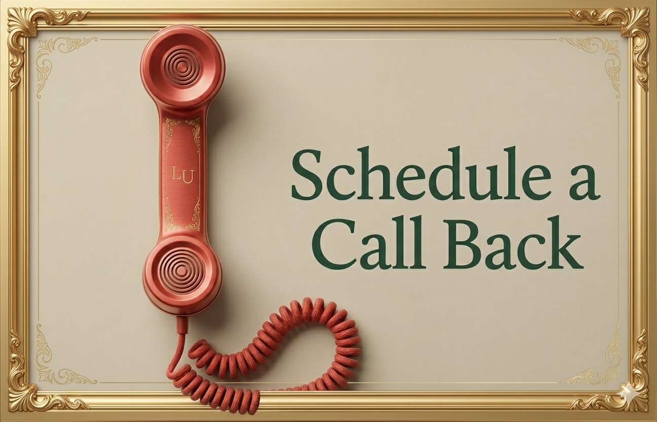 A vintage-style beige and gold ornate framed sign that says 'Schedule a Call Back' with a red rotary phone beside the words.