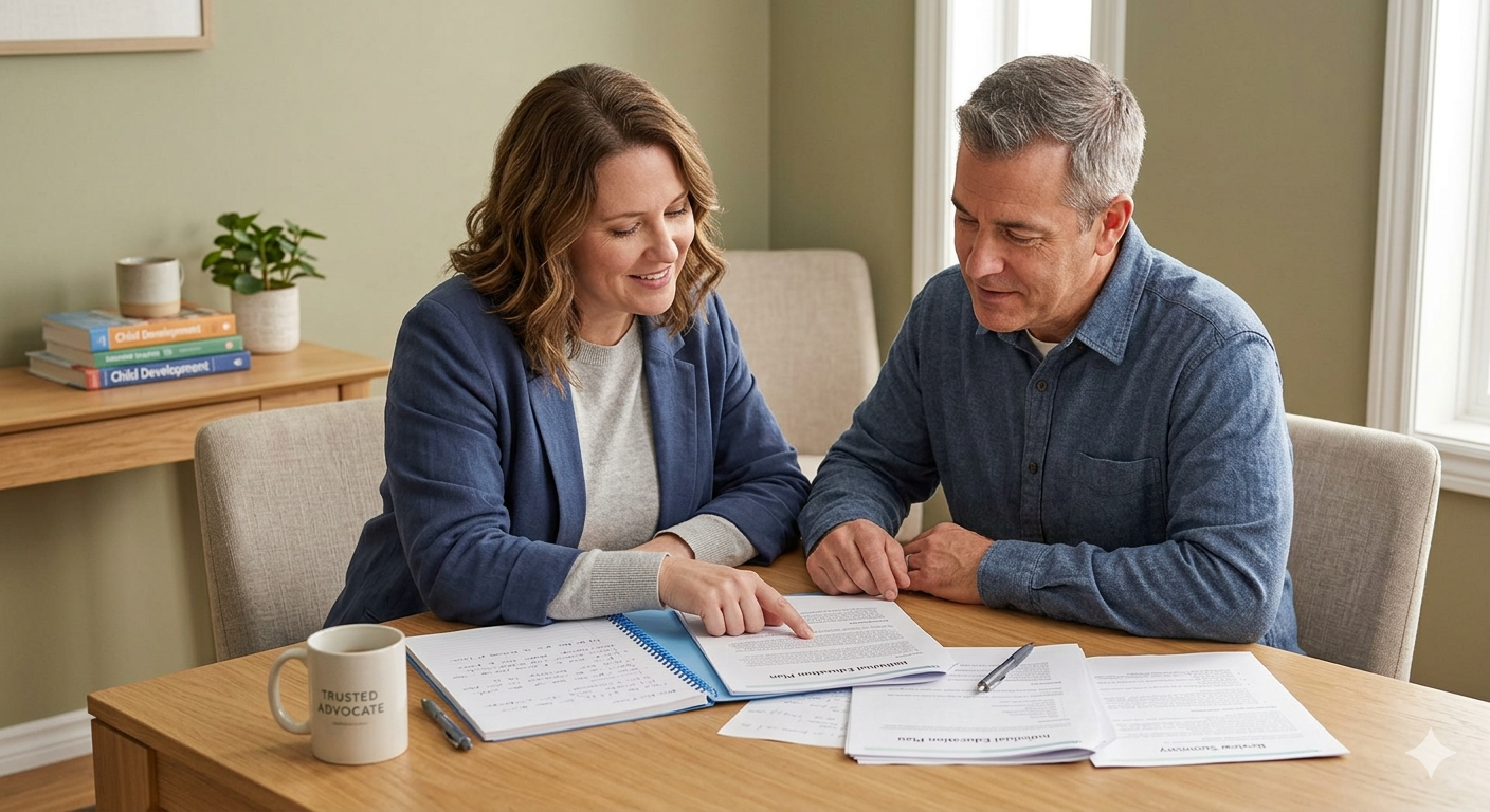 A woman and a man reviewing documents together at a table, smiling. The woman is pointing at a file, and there are papers, a pen, a mug with the words 'Trusted Advocate,' and a window with natural light in the background.