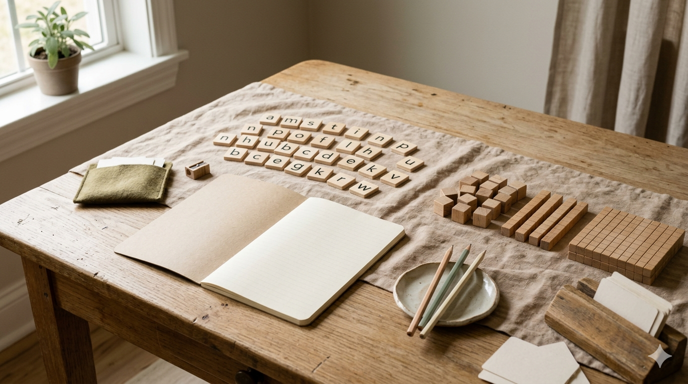 A wooden table with educational materials including alphabet tiles, wooden blocks, chalkboard, notebook, and writing utensils near a window with a plant.