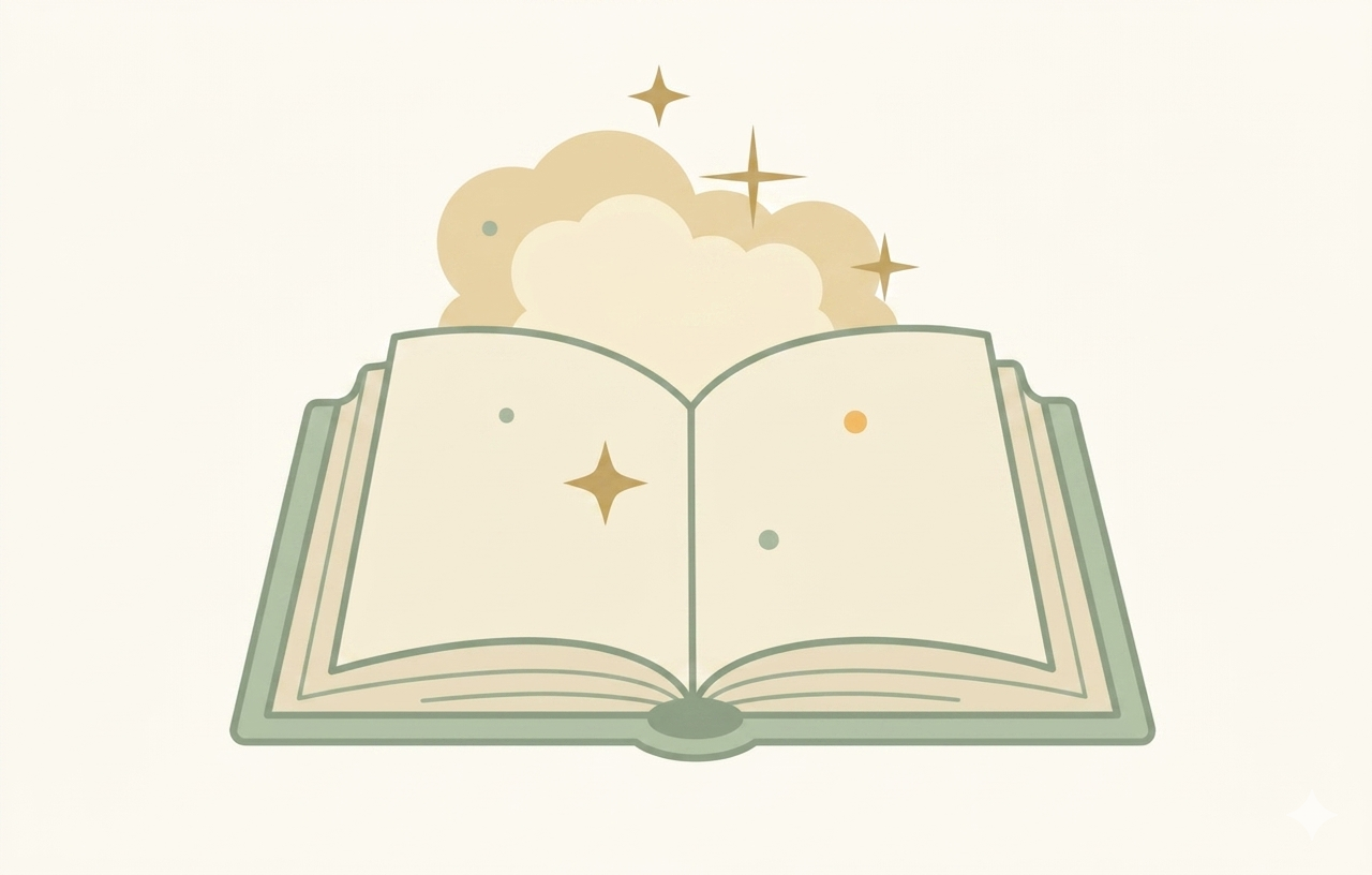 An open book with sparkles and colorful dots emerging from the pages.