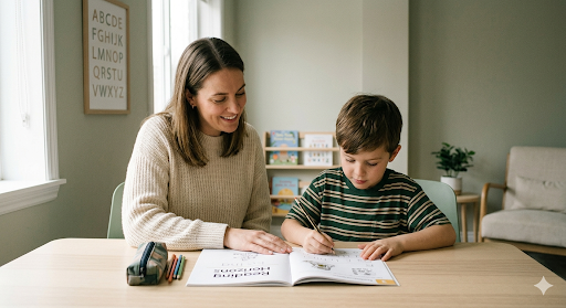 A woman and a young boy sitting at a table with an open book, smiling and engaging in learning or reading together.